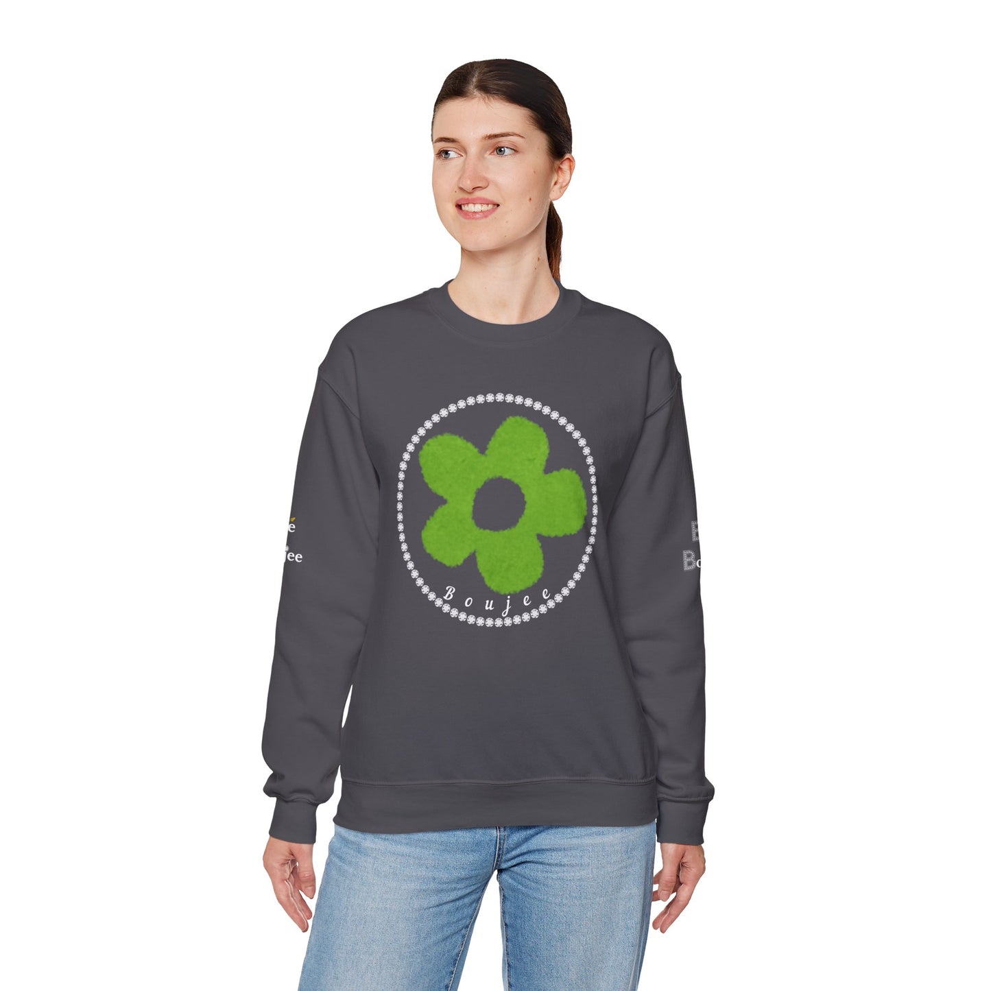 Boujee Fuzzy Green Flower- Heavy Blend™ Dark Colors Crewneck Sweatshirt