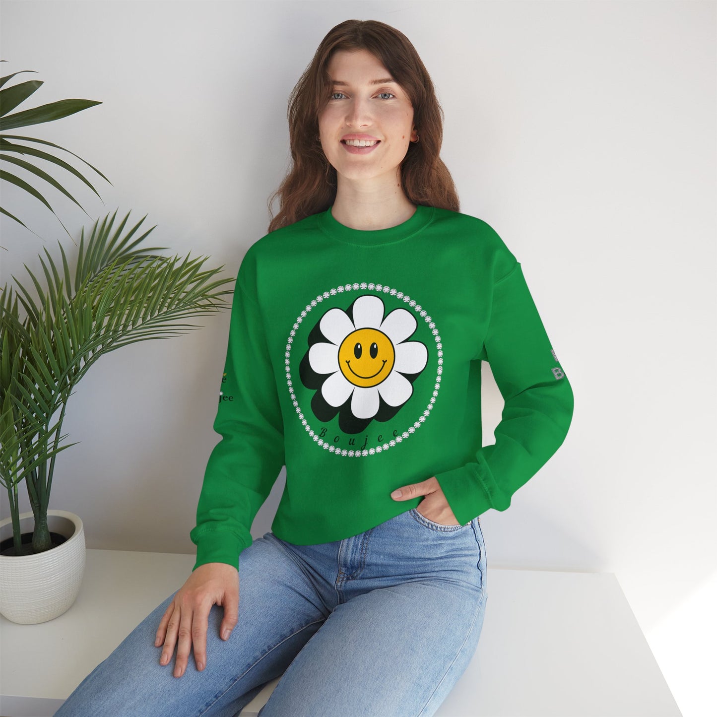 Boujee Flower Smiley Face White Gold - Heavy Blend™ Light Colors Crewneck Sweatshirt