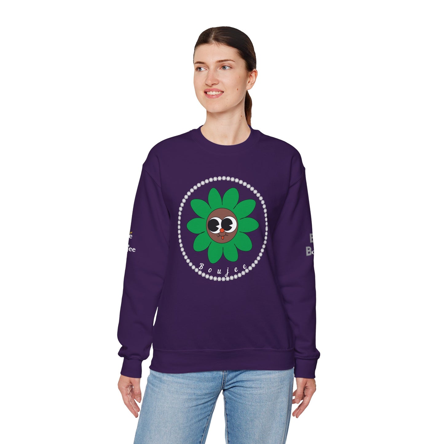 Boujee Flower Smiley Face Green Brown Wide-Eyed - Heavy Blend™ Dark Colors Crewneck Sweatshirt