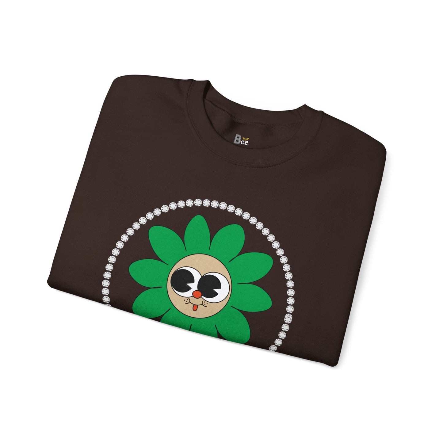 Boujee Flower Smiley Face Green Tan Wide-Eyed - Heavy Blend™ Dark Colors Crewneck Sweatshirt