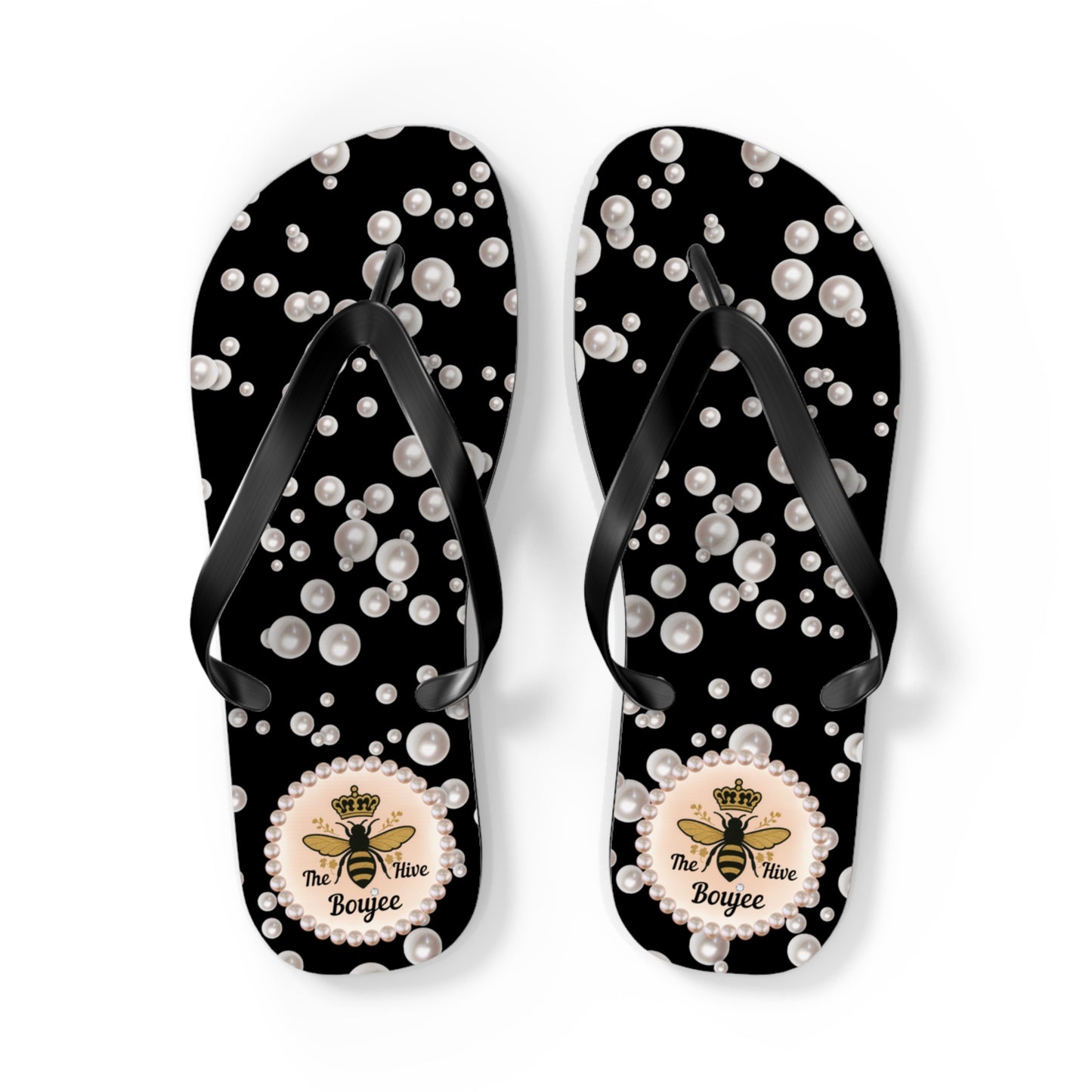 The Boujee Hive Flip Flops - BLACK in Sea of Pearls - LARGE