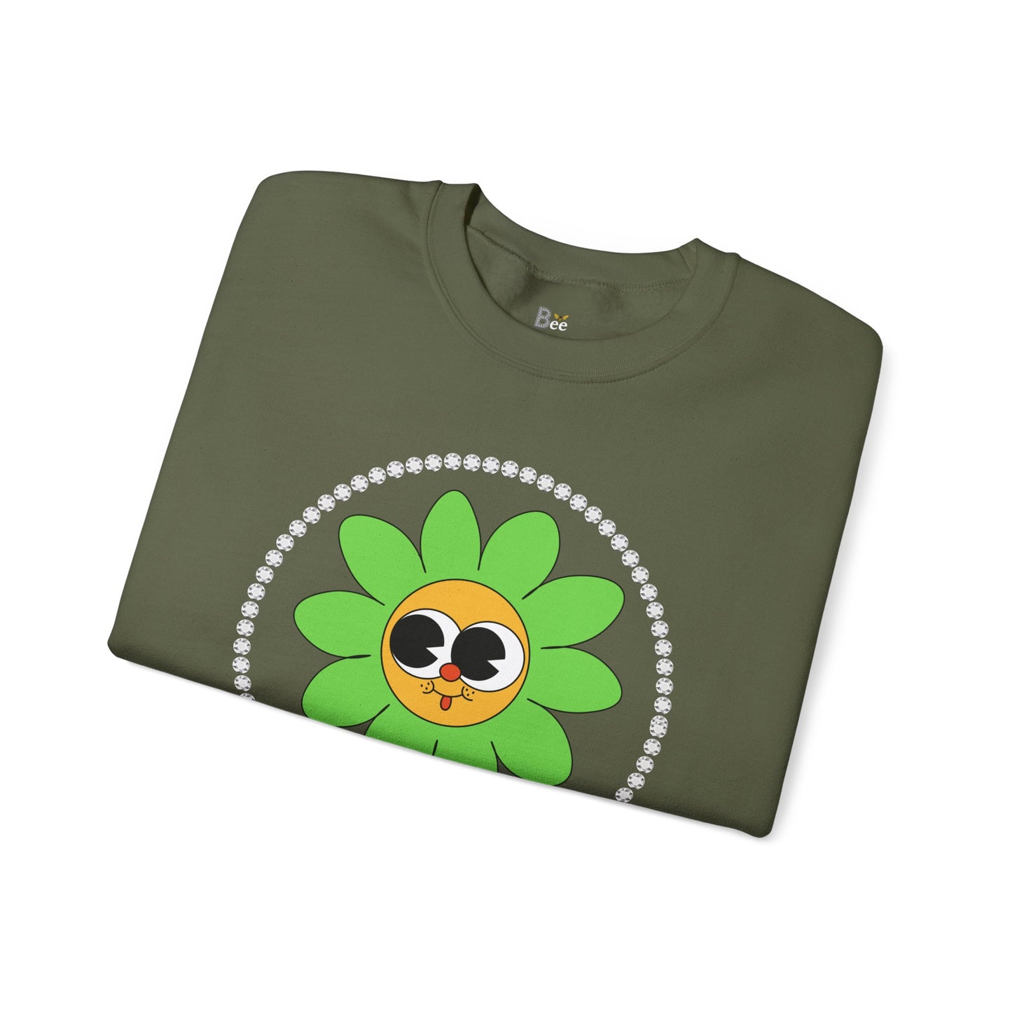 Boujee Flower Smiley Face Green Gold Wide-Eyed - Heavy Blend™ Dark Colors Crewneck Sweatshirt