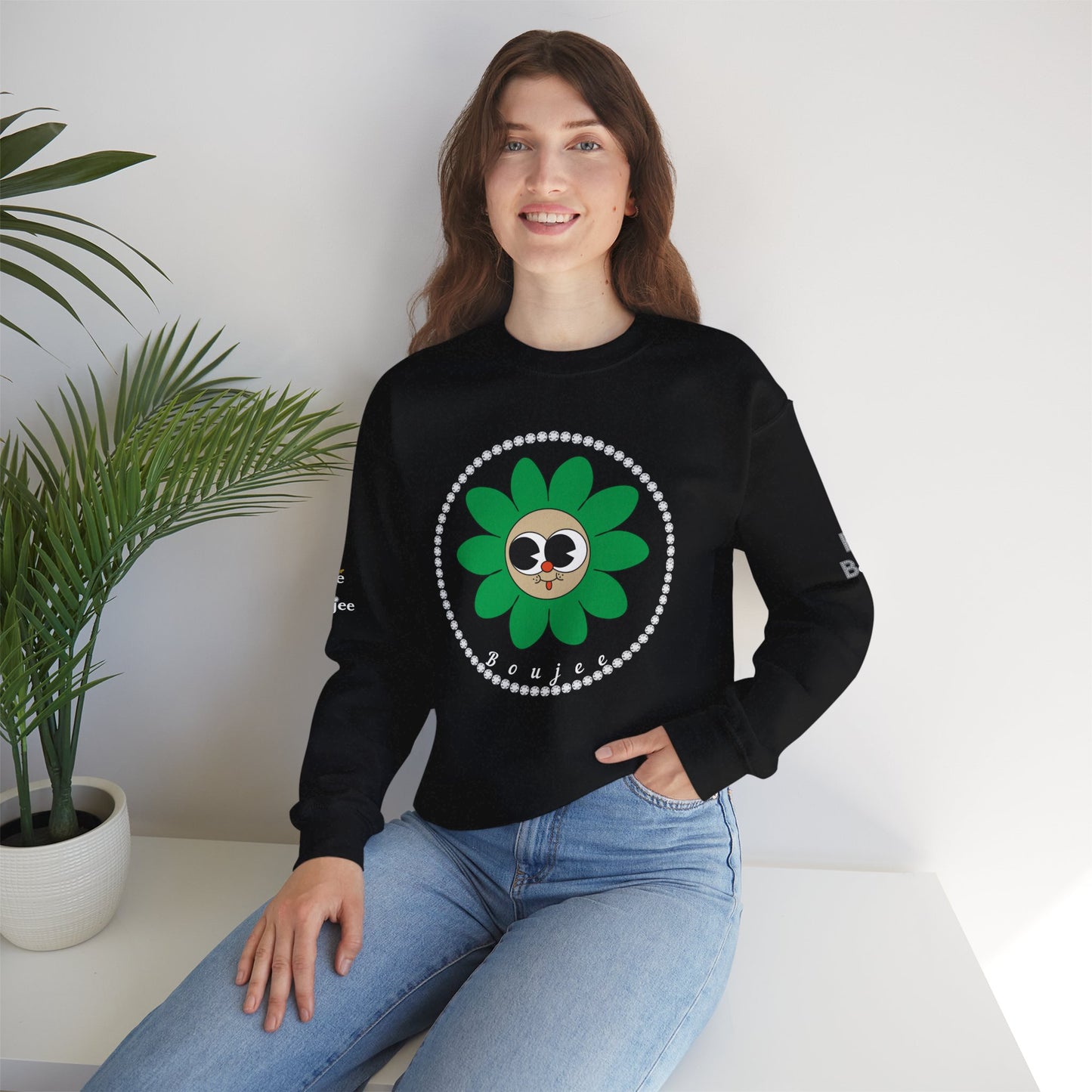 Boujee Flower Smiley Face Green Tan Wide-Eyed - Heavy Blend™ Dark Colors Crewneck Sweatshirt