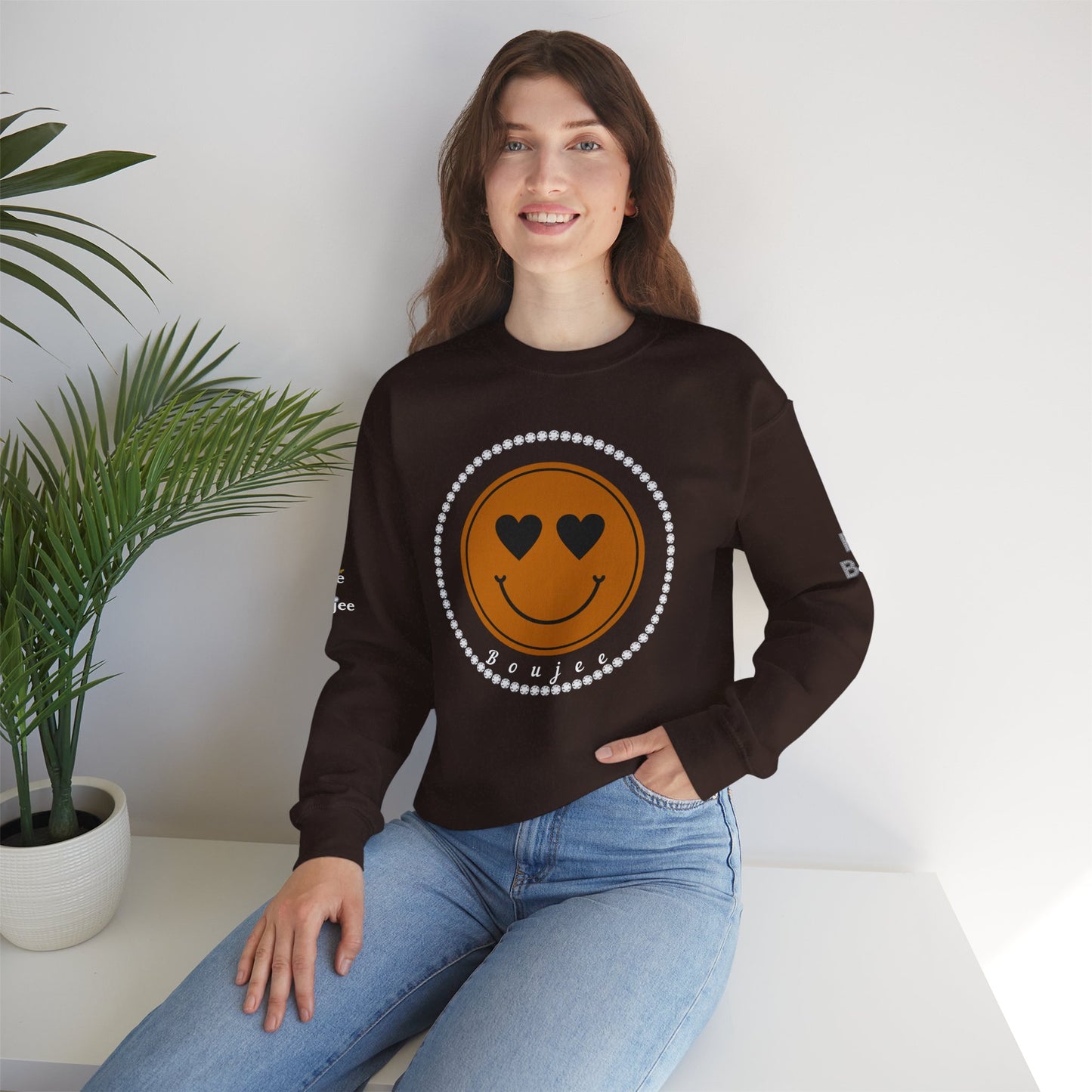 Boujee Smiley Face Brown Heart Eyes - Heavy Blend™ Dark Colors Crewneck Sweatshirt