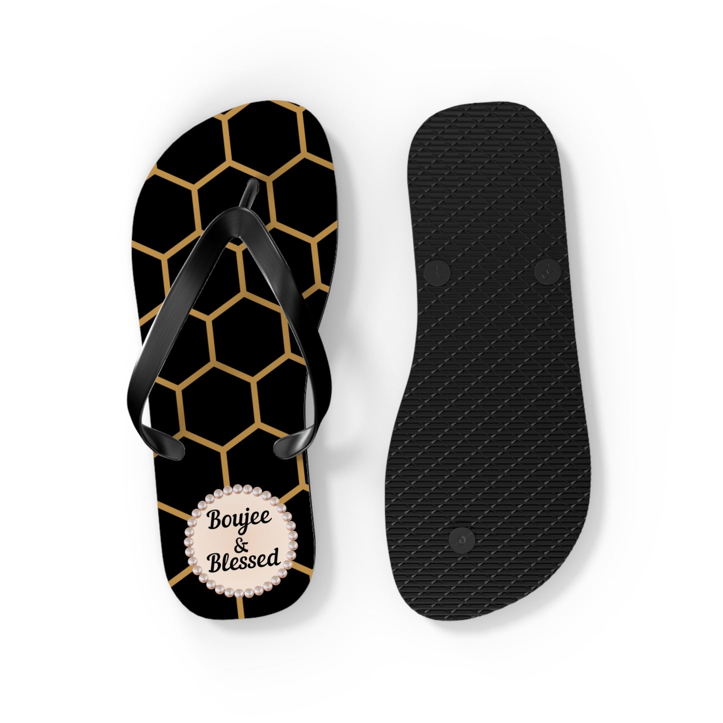 Boujee & Blessed Flip Flops - BLACK Golden Honeycomb - MEDIUM