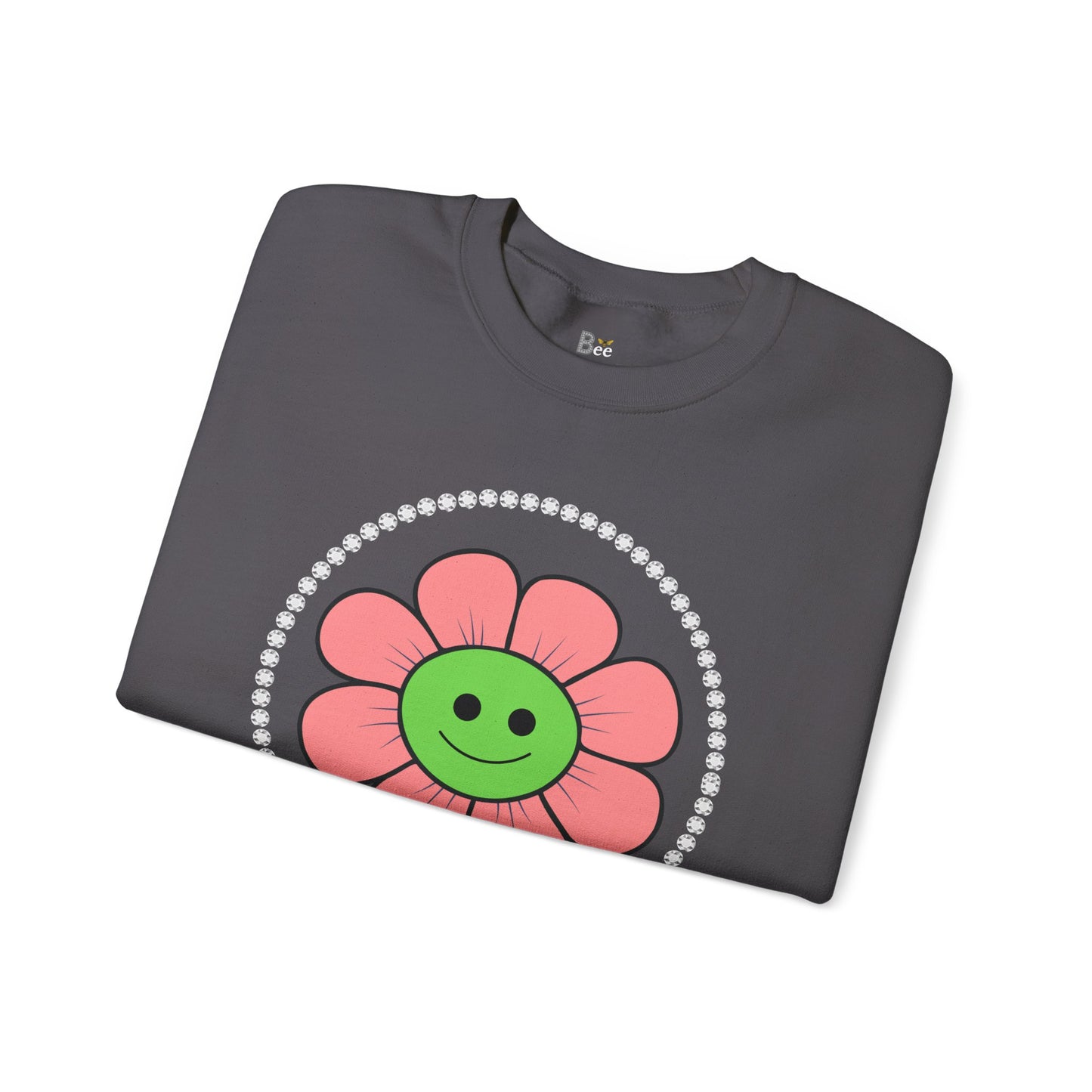 Boujee Flower Smiley Face Pink Green - Heavy Blend™ Dark Colors Crewneck Sweatshirt