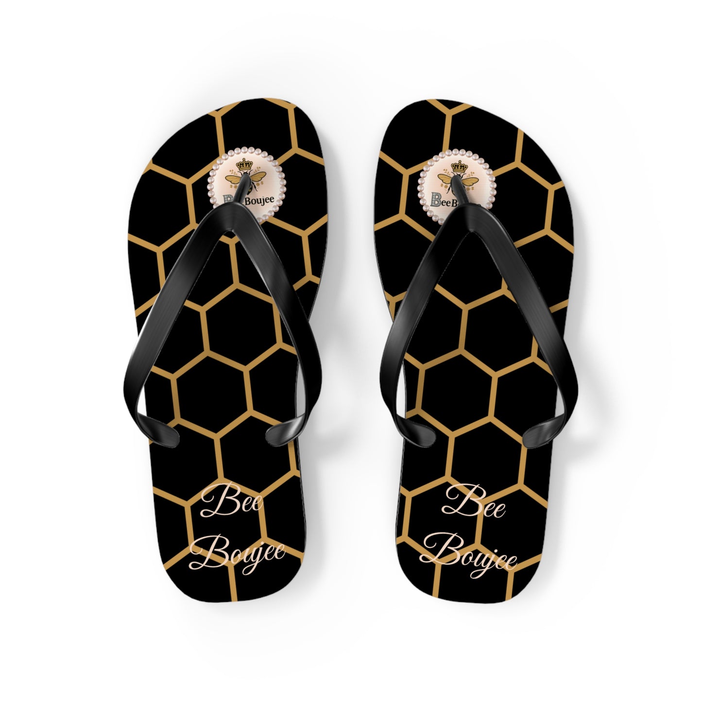 Bee Boujee Golden Honeycomb Flip-Flops (Black & Gold) - MEDIUM
