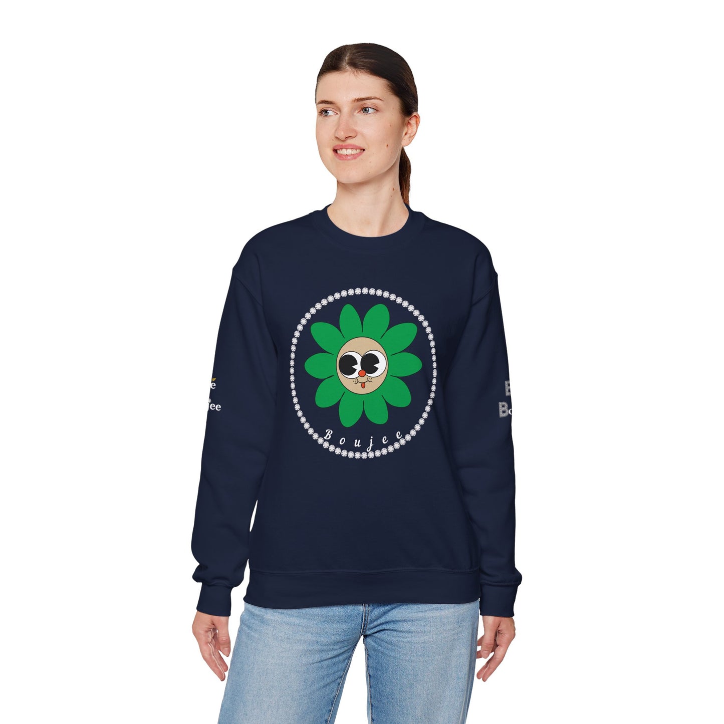 Boujee Flower Smiley Face Green Tan Wide-Eyed - Heavy Blend™ Dark Colors Crewneck Sweatshirt