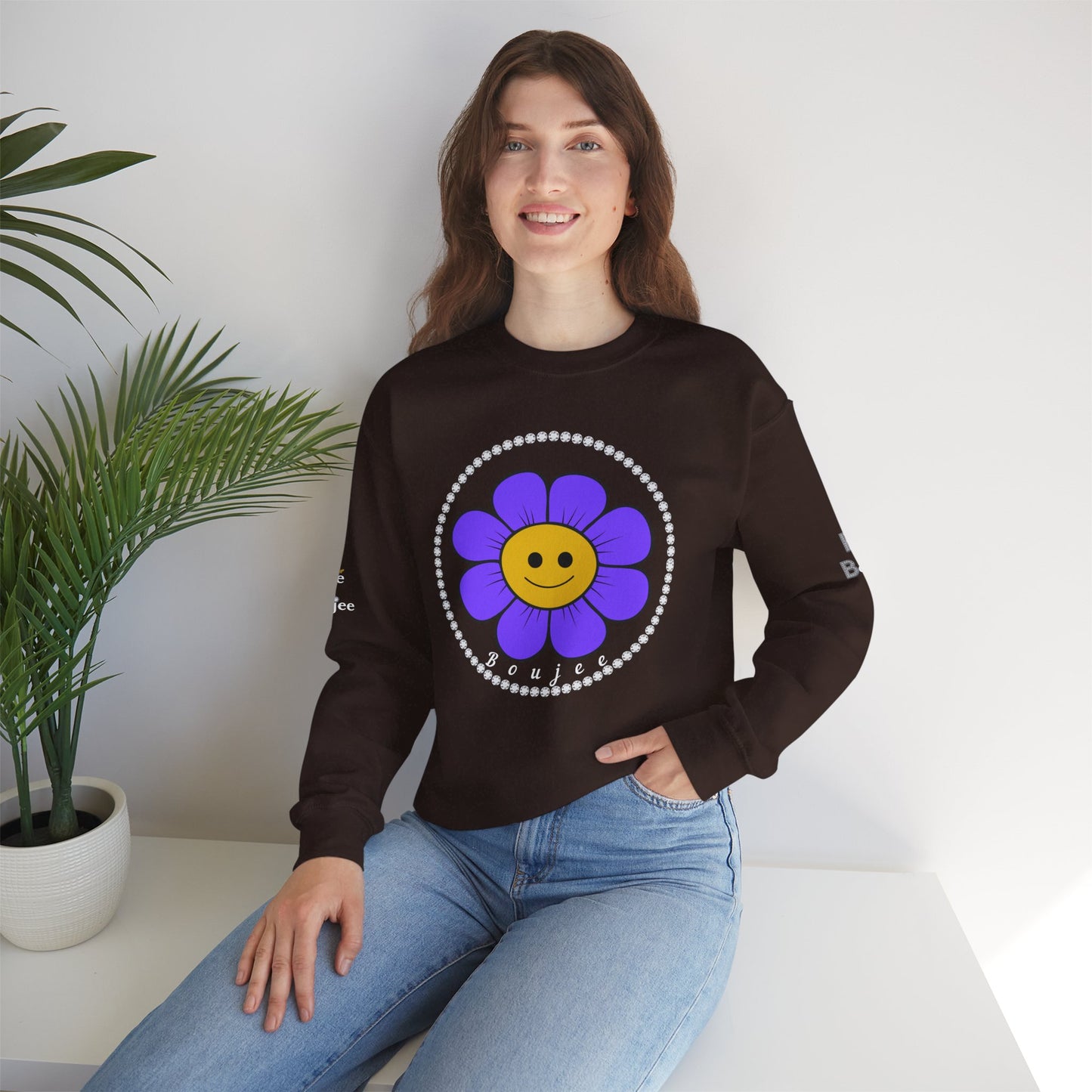 Boujee Flower Smiley Face Purple Gold - Heavy Blend™ Dark Colors Crewneck Sweatshirt
