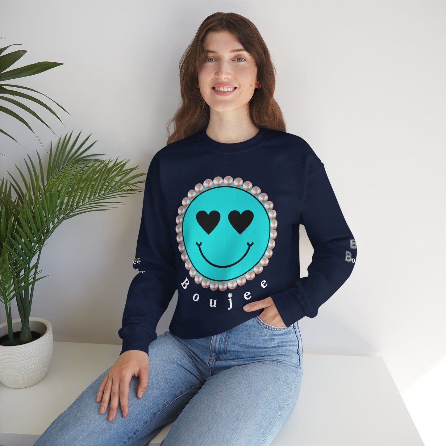 Bee Boujee - Boujee Smiley Face Turquoise in Diamonds Heavy Blend™ Dark Colors Crewneck Sweatshirt