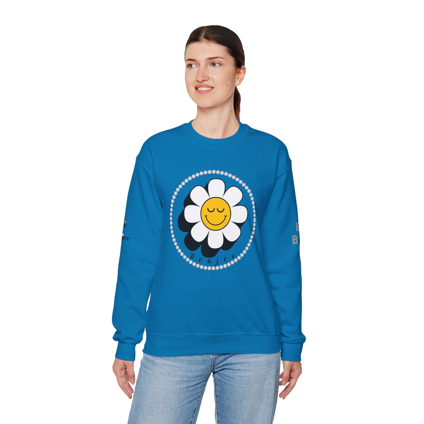 Boujee Flower Smiley Face Closed Eyes White Gold - Heavy Blend™ Light Colors Crewneck Sweatshirt
