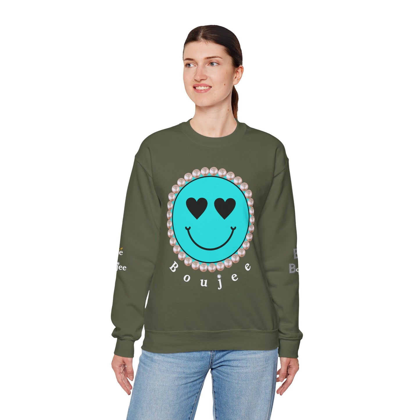 Bee Boujee - Boujee Smiley Face Turquoise in Diamonds Heavy Blend™ Dark Colors Crewneck Sweatshirt