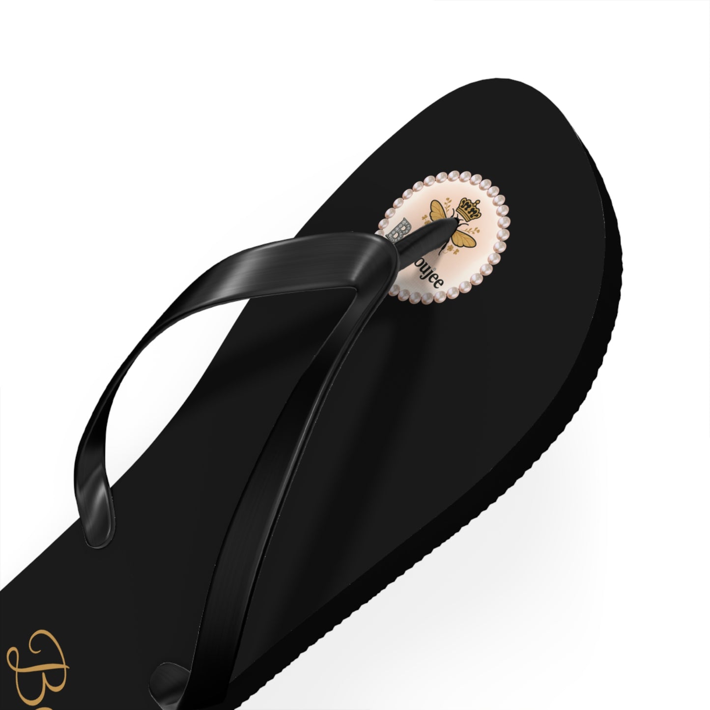 Bee Boujee Crowned-Bee Flip-Flops (Black & Gold) - MEDIUM