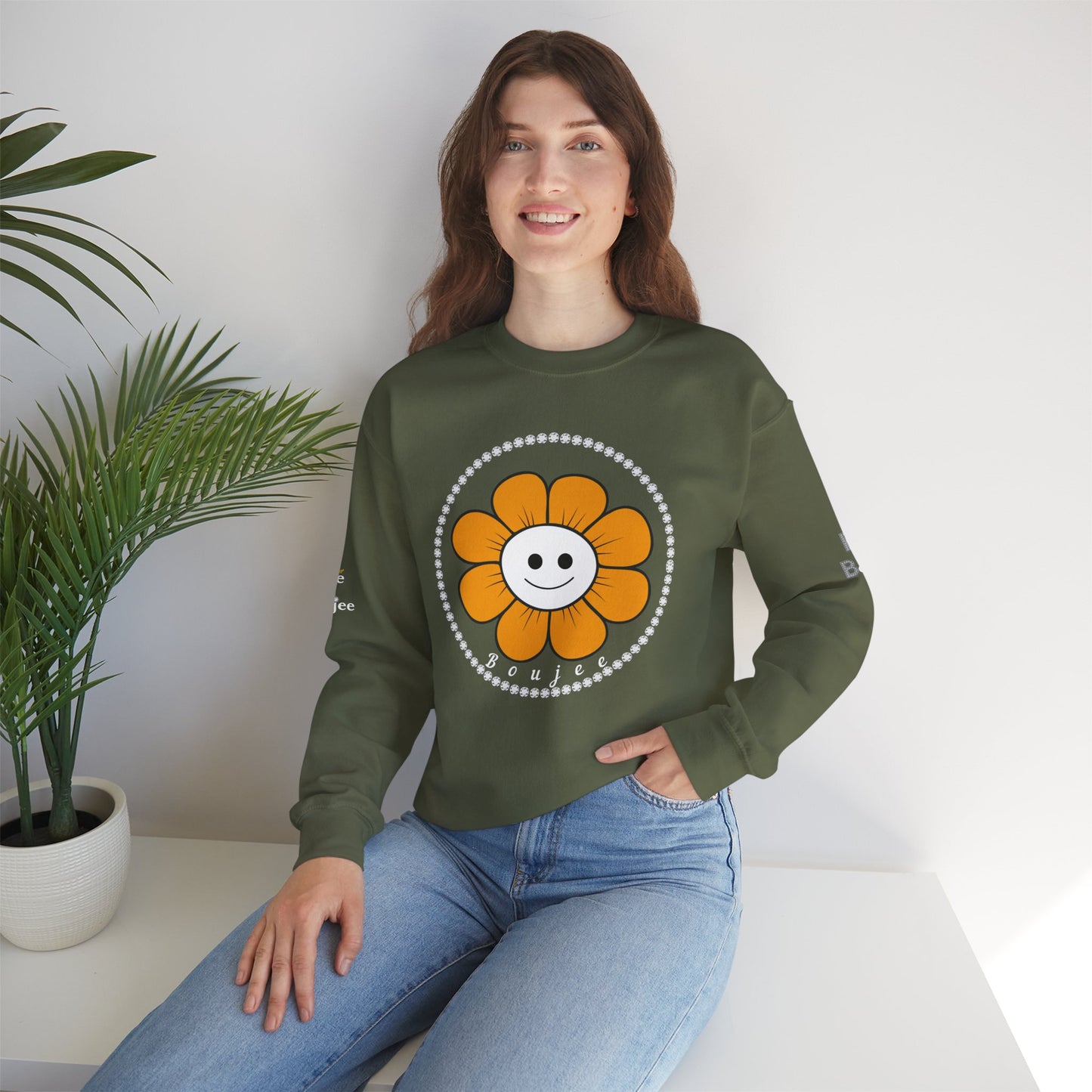 Boujee Flower Smiley Face Gold White - Heavy Blend™ Dark Colors Crewneck Sweatshirt