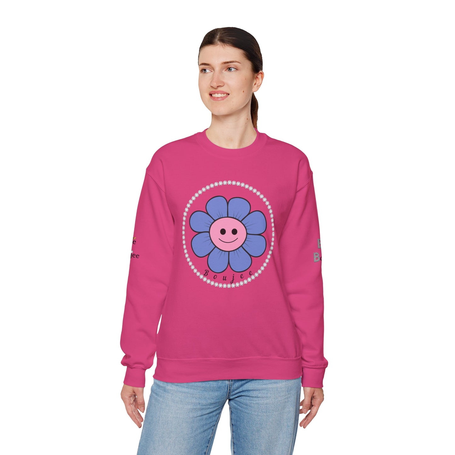Boujee Flower Smiley Face Blue Pink - Heavy Blend™ Light Colors Crewneck Sweatshirt