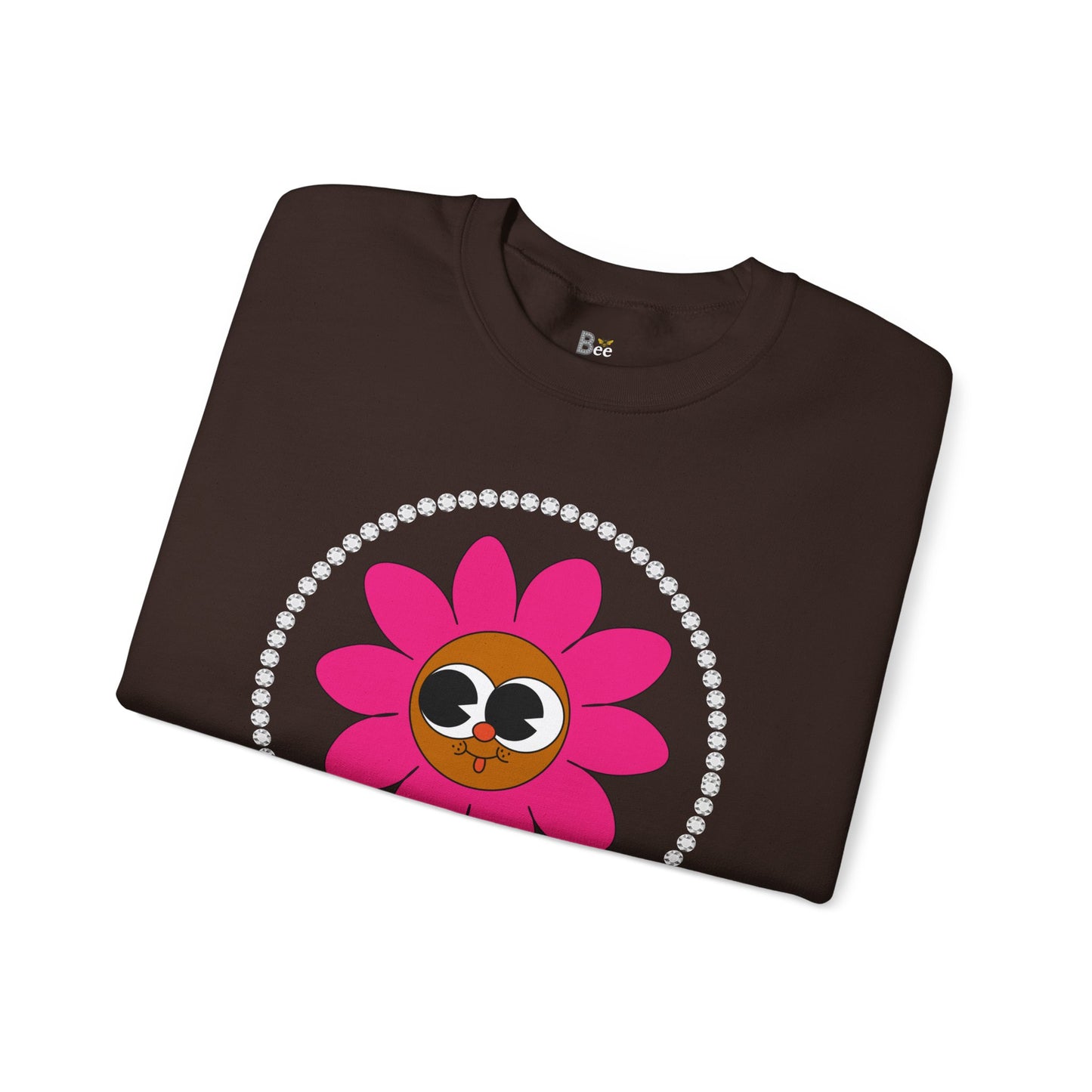Boujee Flower Smiley Face Pink Brown Wide-Eyed - Heavy Blend™ Dark Colors Crewneck Sweatshirt