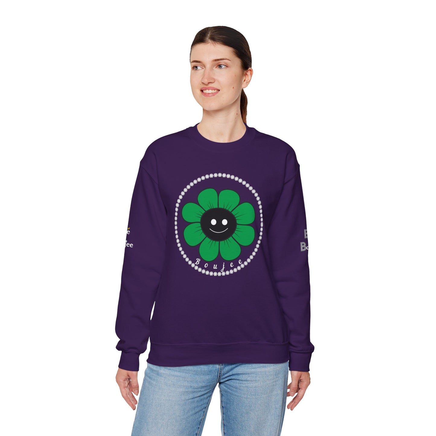 Boujee Flower Smiley Face Green Black - Heavy Blend™ Dark Colors Crewneck Sweatshirt