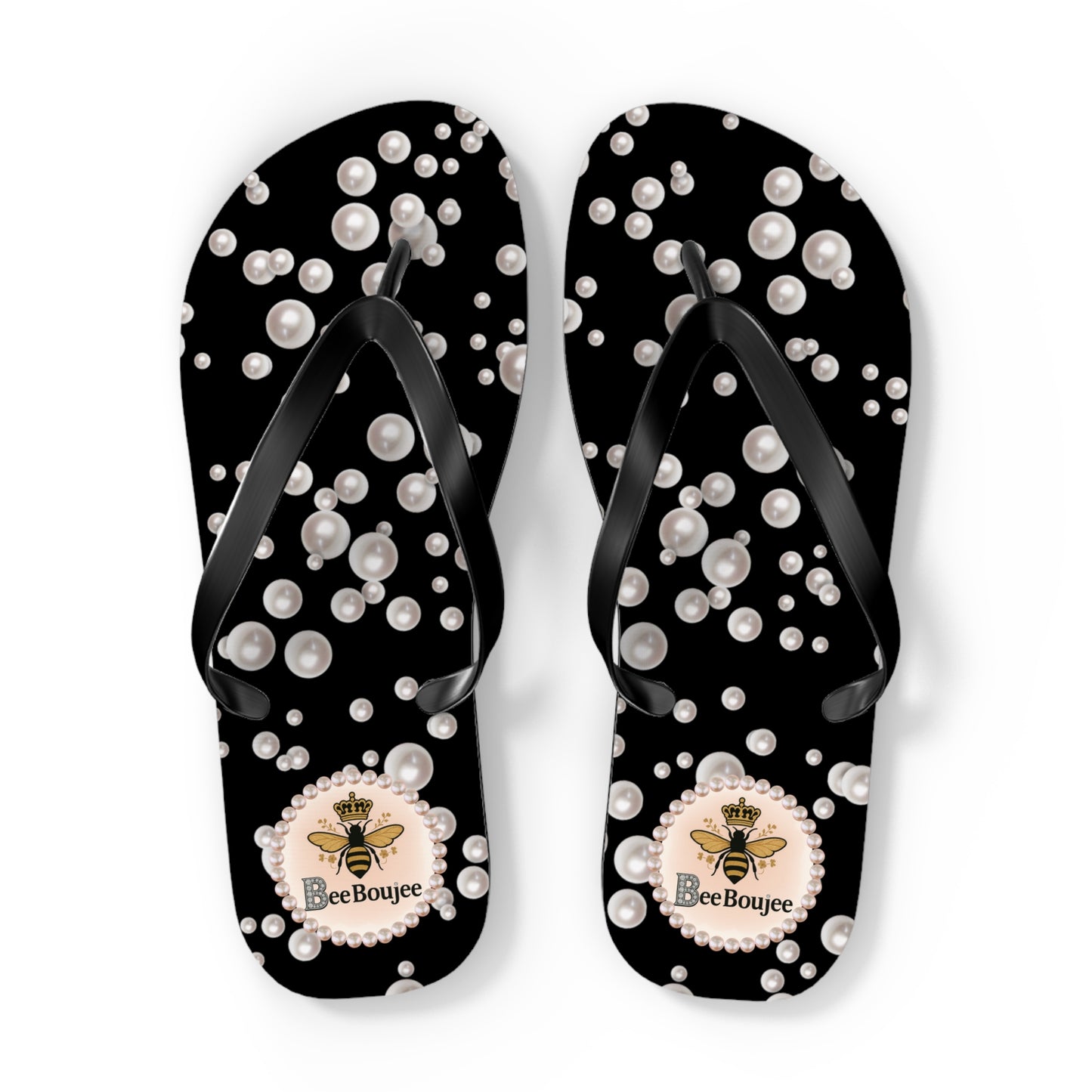 Bee Boujee Flip Flops - BLACK in Sea of Pearls - EXTRA LARGE