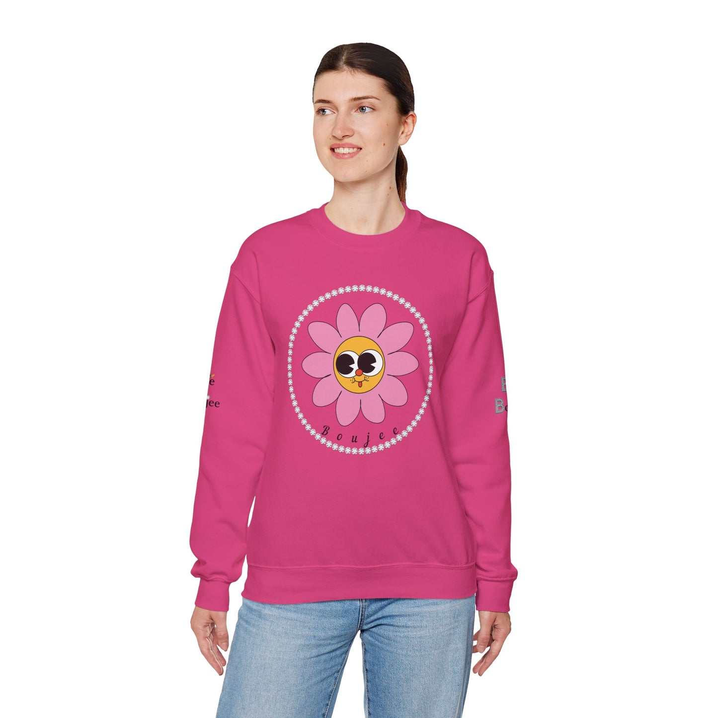 Boujee Flower Smiley Face Pink Gold Wide-Eyed - Heavy Blend™ Light Colors Crewneck Sweatshirt