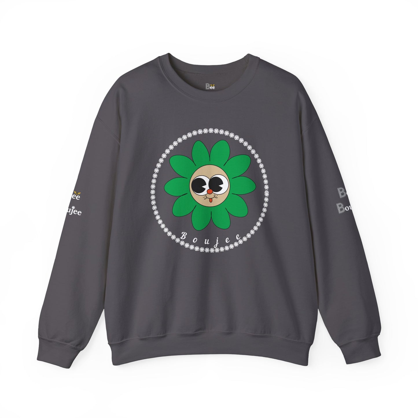 Boujee Flower Smiley Face Green Tan Wide-Eyed - Heavy Blend™ Dark Colors Crewneck Sweatshirt