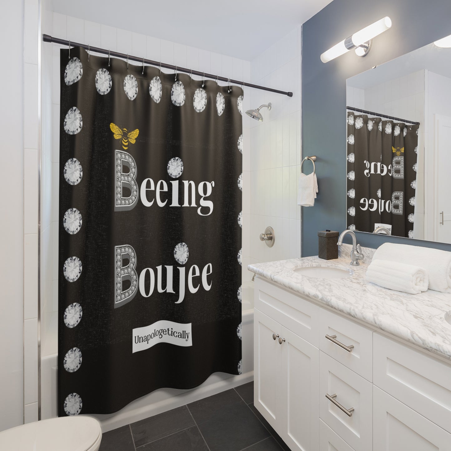 Beeing Boujee - Shower Curtain BLACK with DIAMONDS