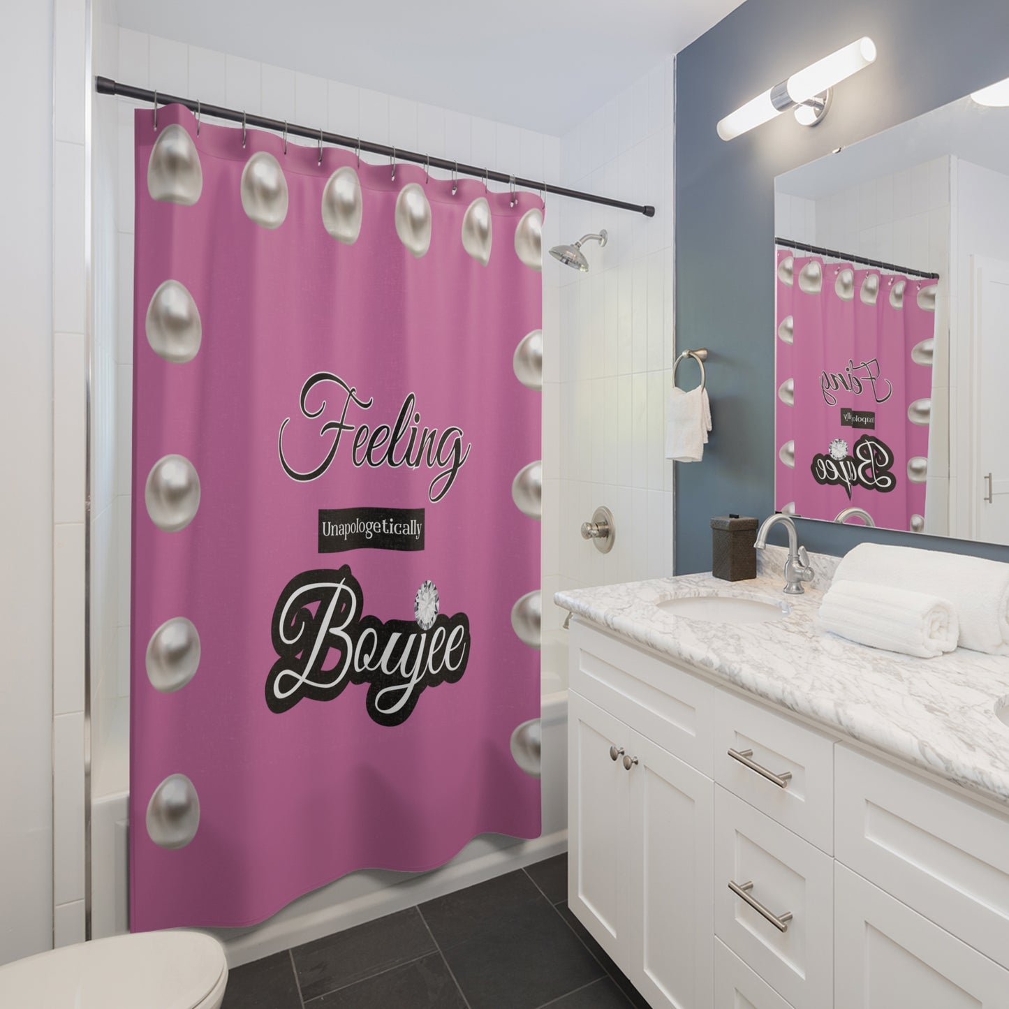 Feeling Boujee - Shower Curtain PINK with PEARLS