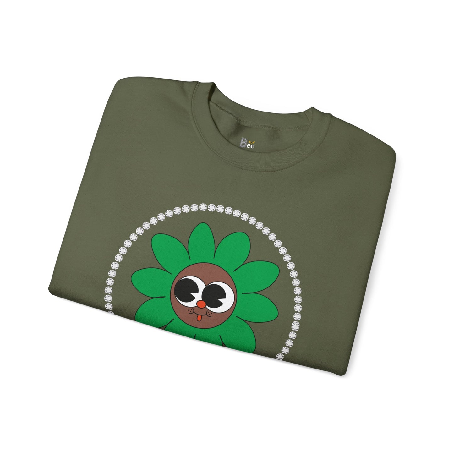 Boujee Flower Smiley Face Green Brown Wide-Eyed - Heavy Blend™ Dark Colors Crewneck Sweatshirt