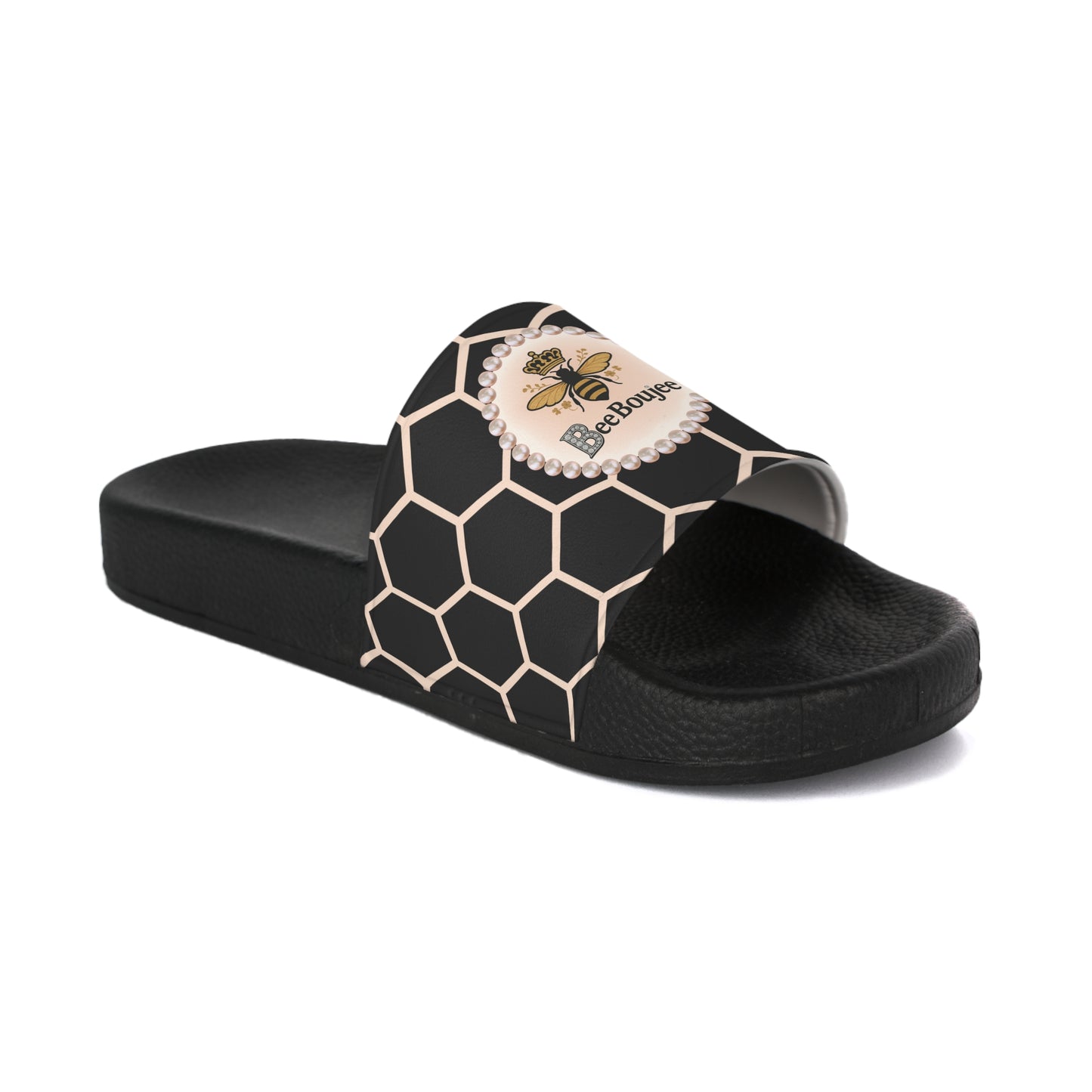 Bee Boujee Peach Honeycomb Pearl-Emblem Women’s Slides Sandals, Summer Footwear, Cute Beach Slippers, Casual Slip-Ons