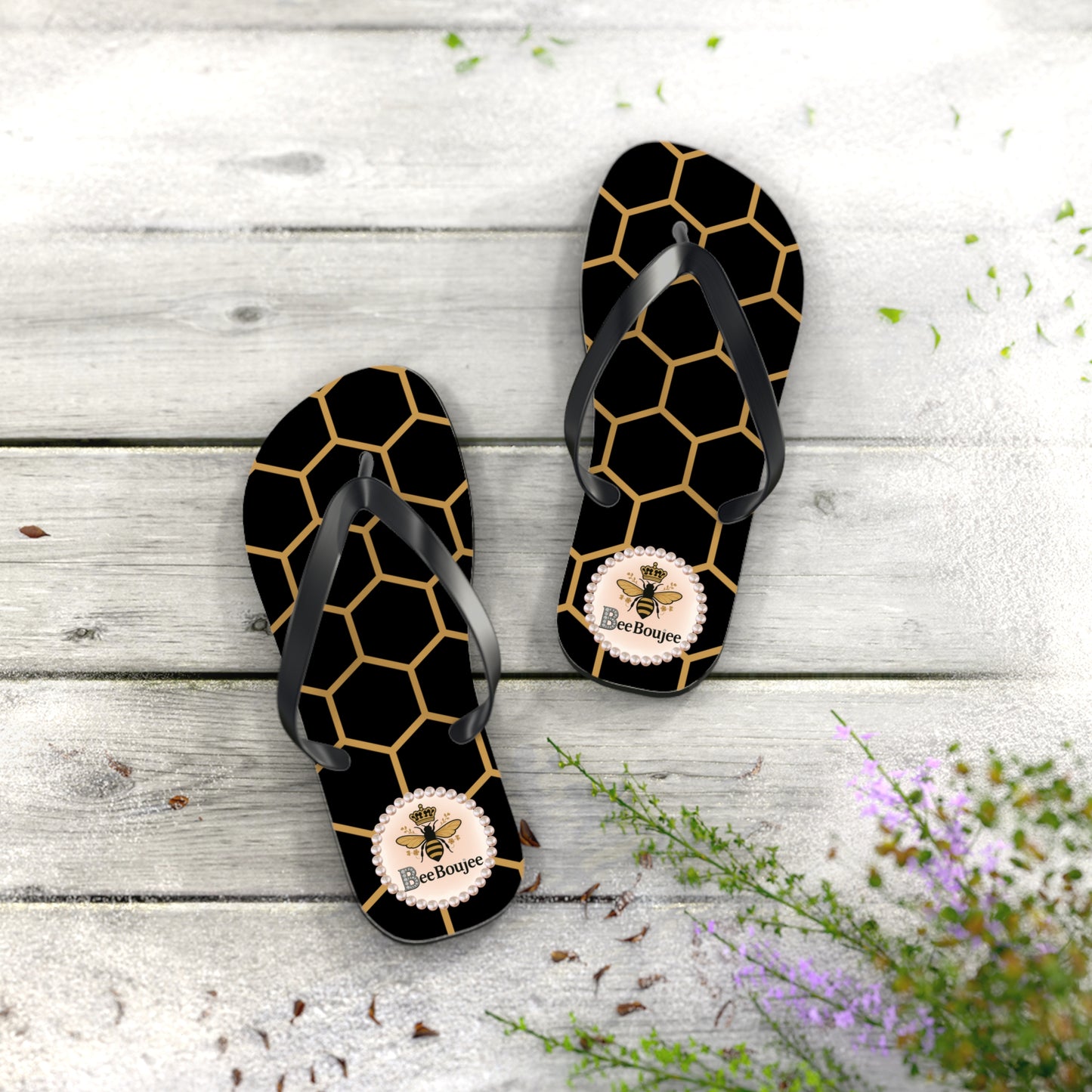 Bee Boujee Flip Flops - BLACK Golden Honeycomb - MEDIUM