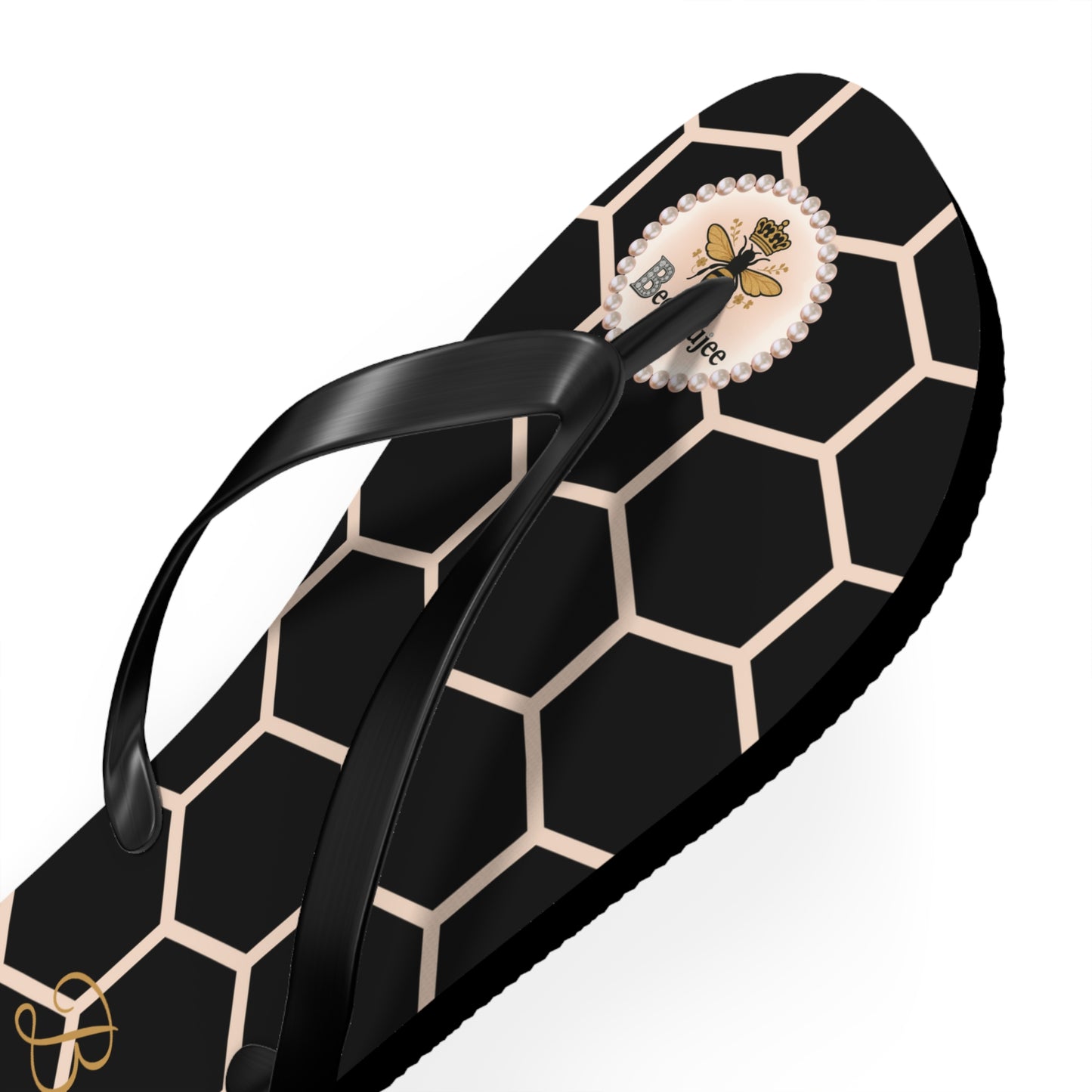 Bee Boujee Peach Honeycomb Flip-Flops (Black & Gold) - LARGE