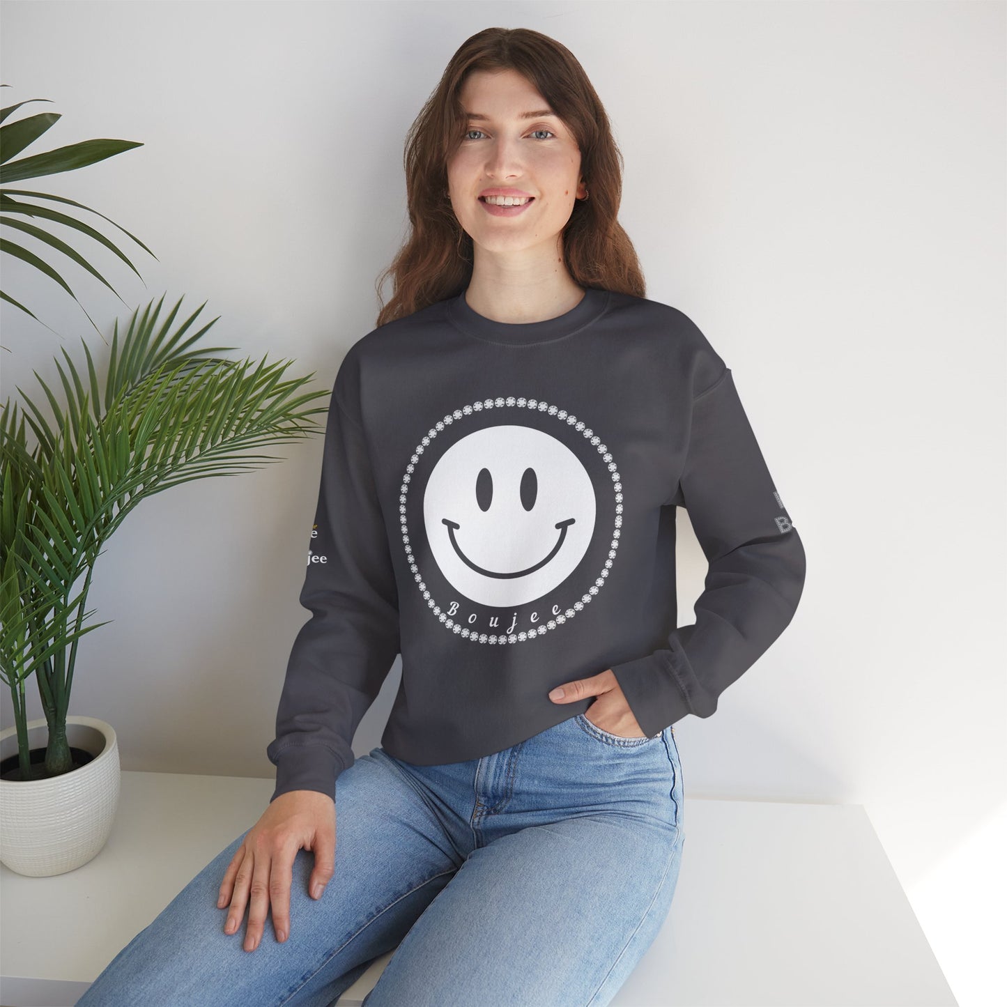 Boujee Smiley Face White - Heavy Blend™ Dark Colors Crewneck Sweatshirt