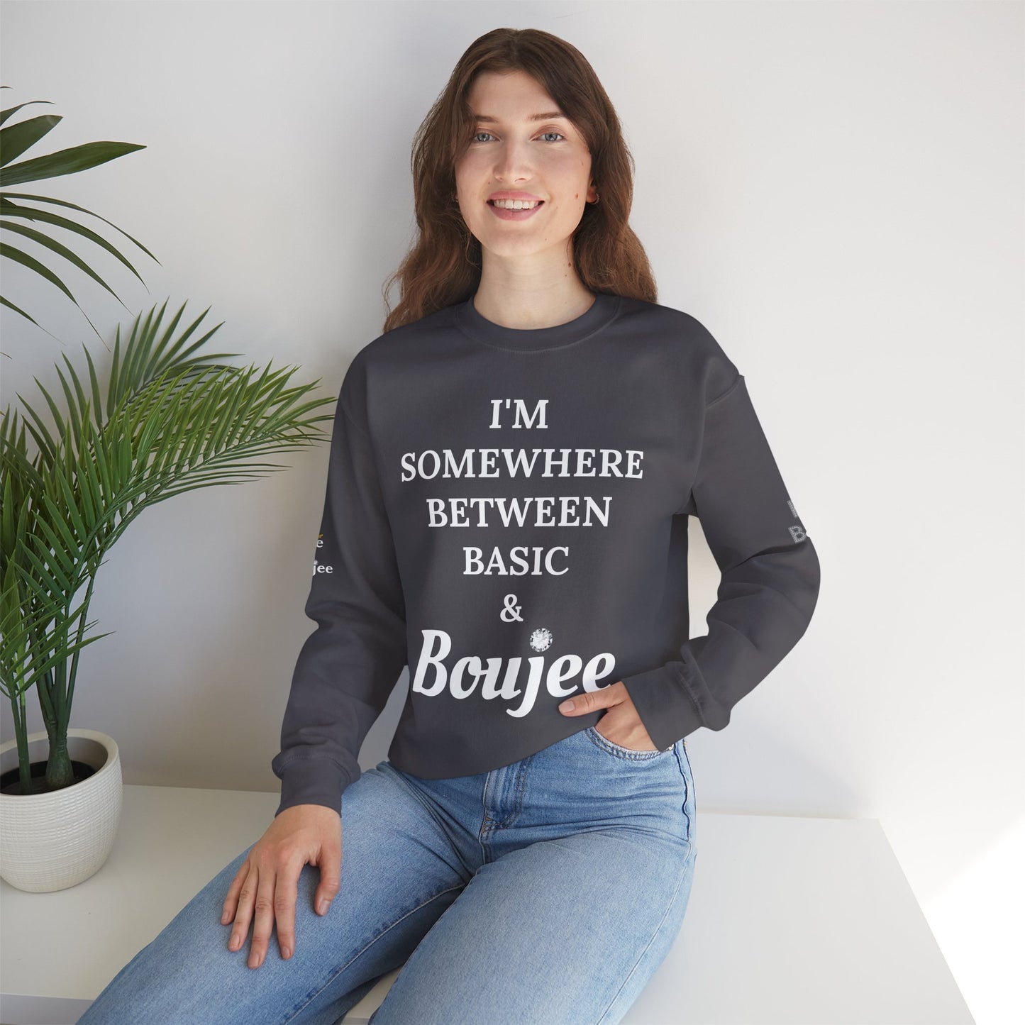 I'm Somewhere Between Basic & Boujee - Heavy Blend™ Dark Colors Crewneck Sweatshirt
