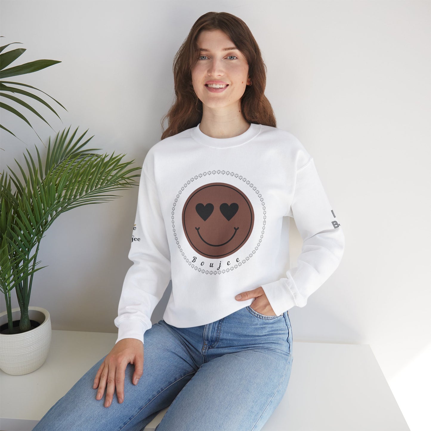 Boujee Smiley Face Heart Eyes Brown - Heavy Blend™ Light Colors Crewneck Sweatshirt