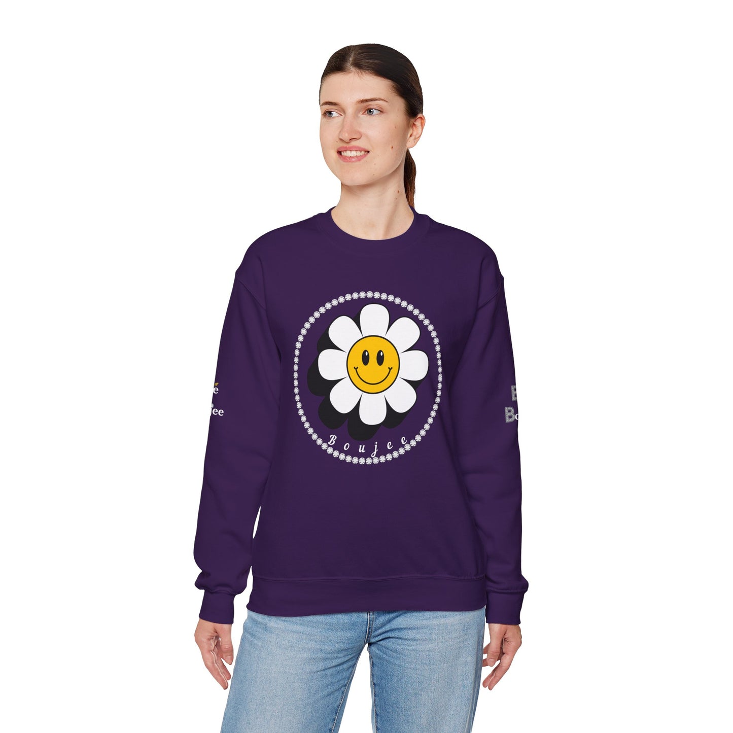 Boujee Flower Smiley Face White Gold - Heavy Blend™ Dark Colors Crewneck Sweatshirt
