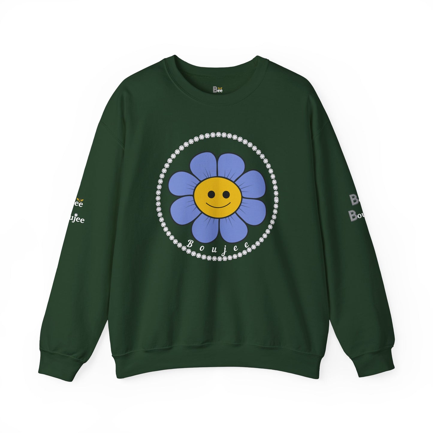 Boujee Flower Smiley Face Blue Gold - Heavy Blend™ Dark Colors Crewneck Sweatshirt