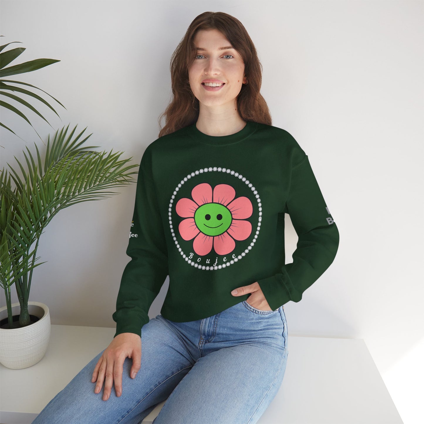 Boujee Flower Smiley Face Pink Green - Heavy Blend™ Dark Colors Crewneck Sweatshirt