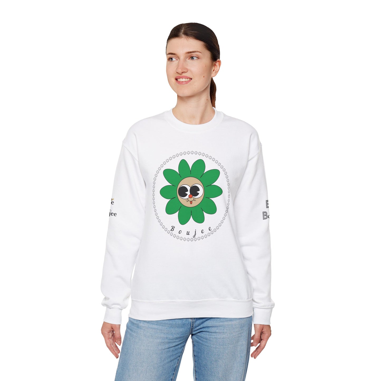 Boujee Flower Smiley Face Green Tan Wide-Eyed - Heavy Blend™ Light Colors Crewneck Sweatshirt