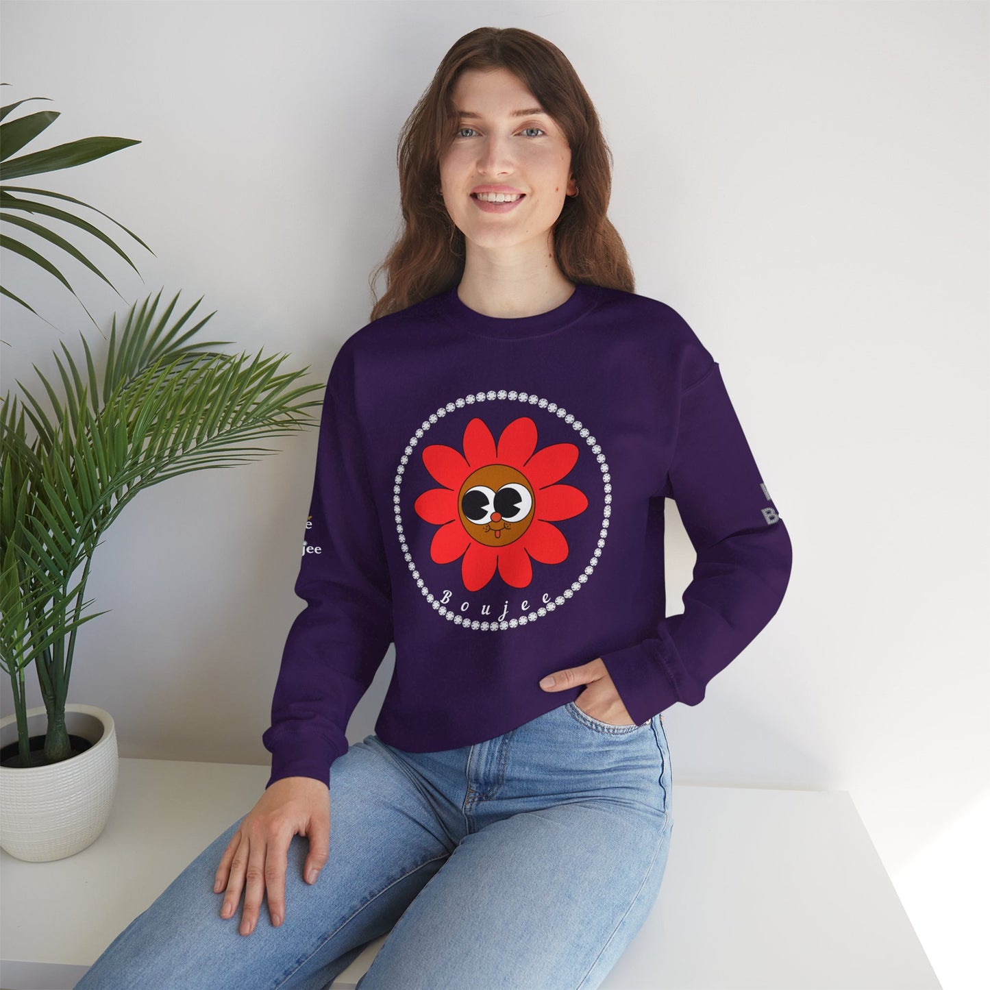 Boujee Flower Smiley Face Red Brown Wide-Eyed - Heavy Blend™ Dark Colors Crewneck Sweatshirt
