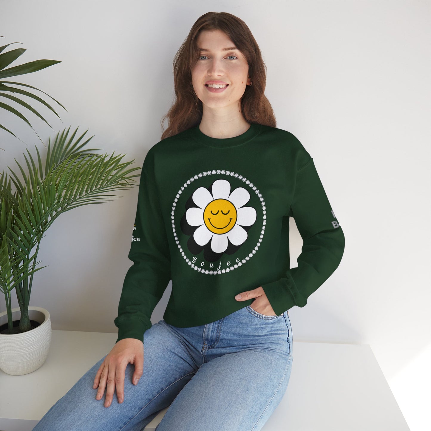 Boujee Flower Smiley Face Closed Eyes - Heavy Blend™ Dark Colors Crewneck Sweatshirt