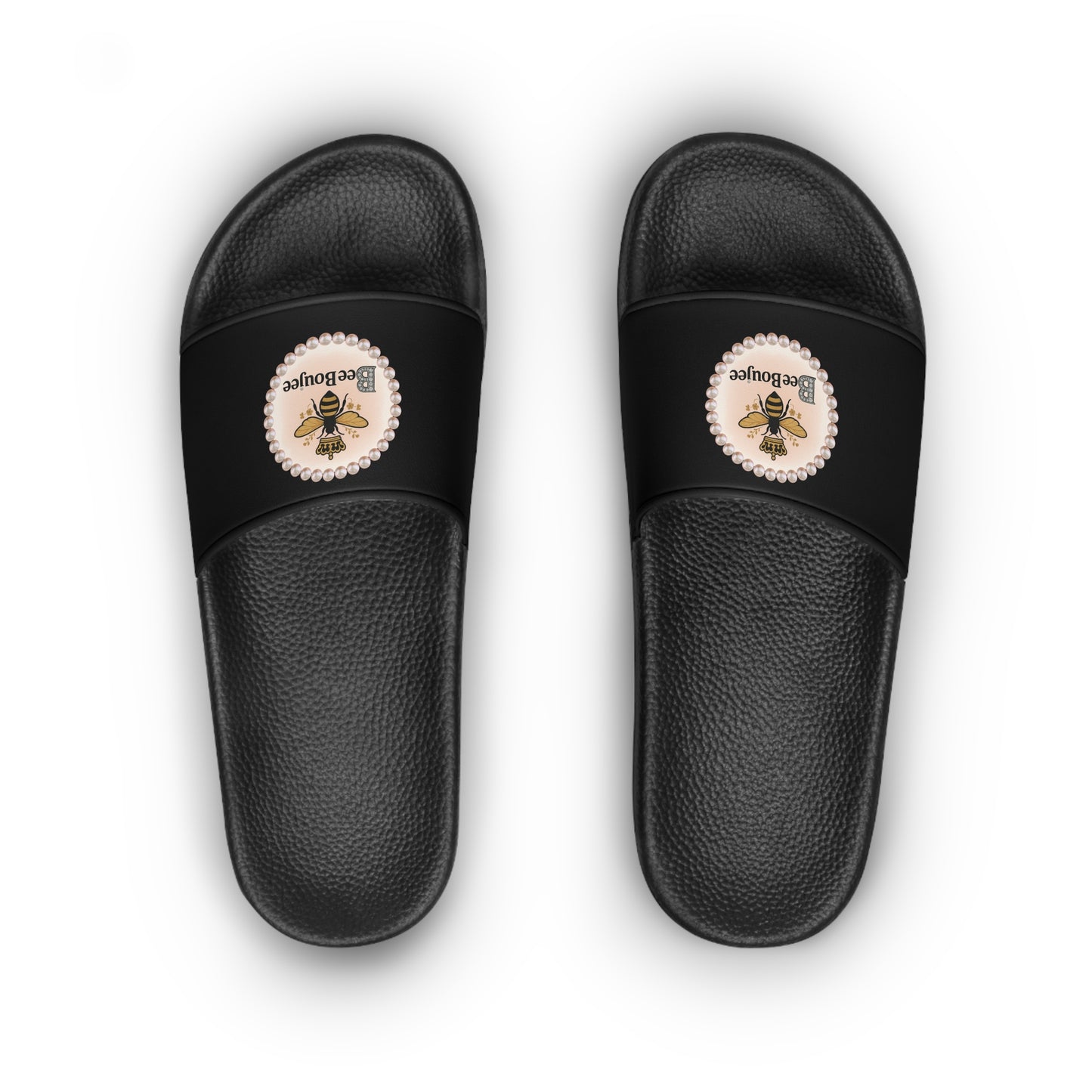 Bee Boujee Pearl-Emblem Women’s Slides Sandals, Summer Footwear, Cute Beach Slippers, Casual Slip-Ons