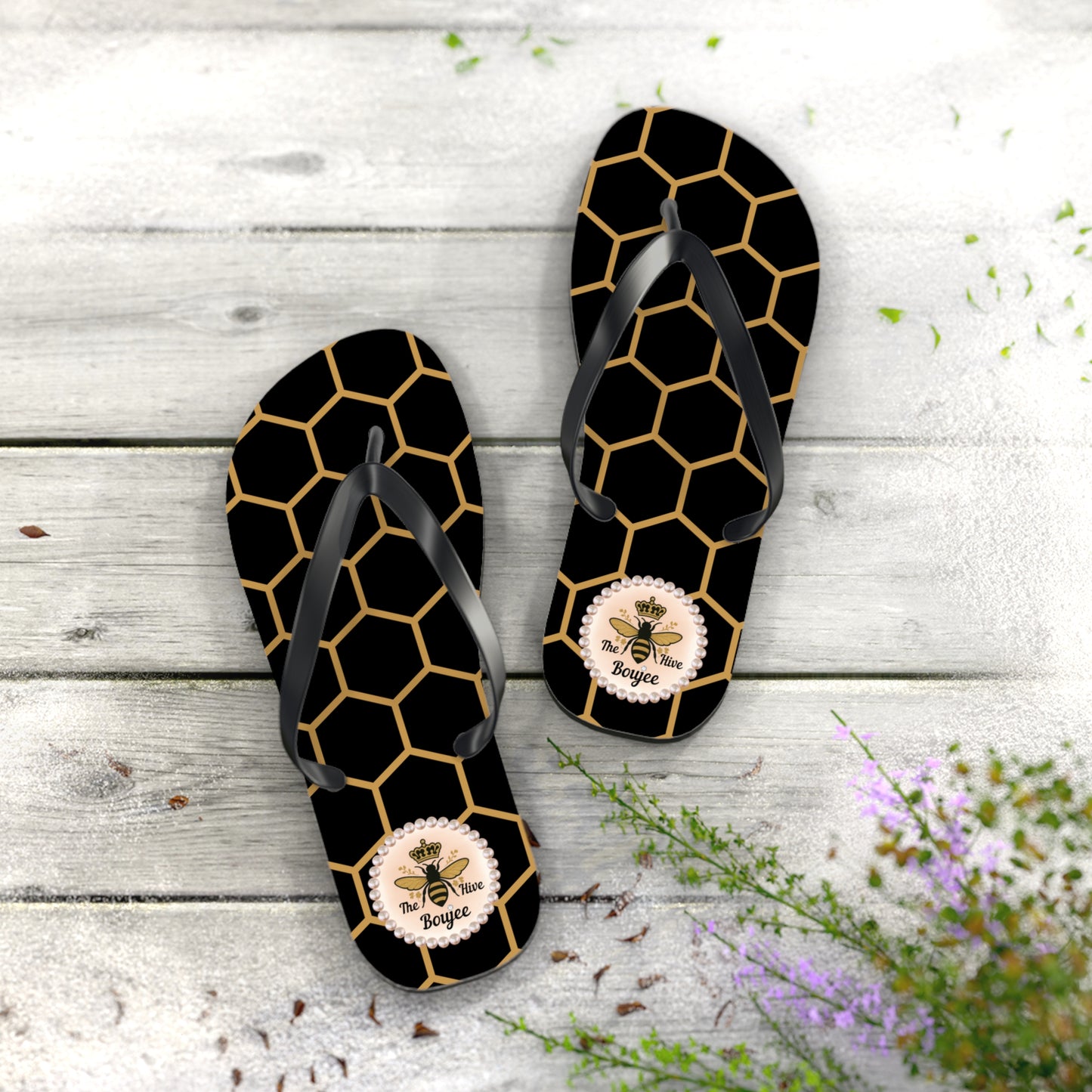 The Boujee Hive Flip Flops - BLACK Golden Honeycomb - EXTRA LARGE