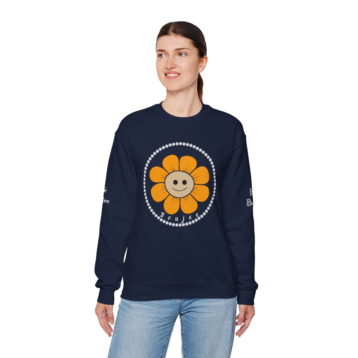 Boujee Flower Smiley Face Gold Tan - Heavy Blend™ Dark Colors Crewneck Sweatshirt