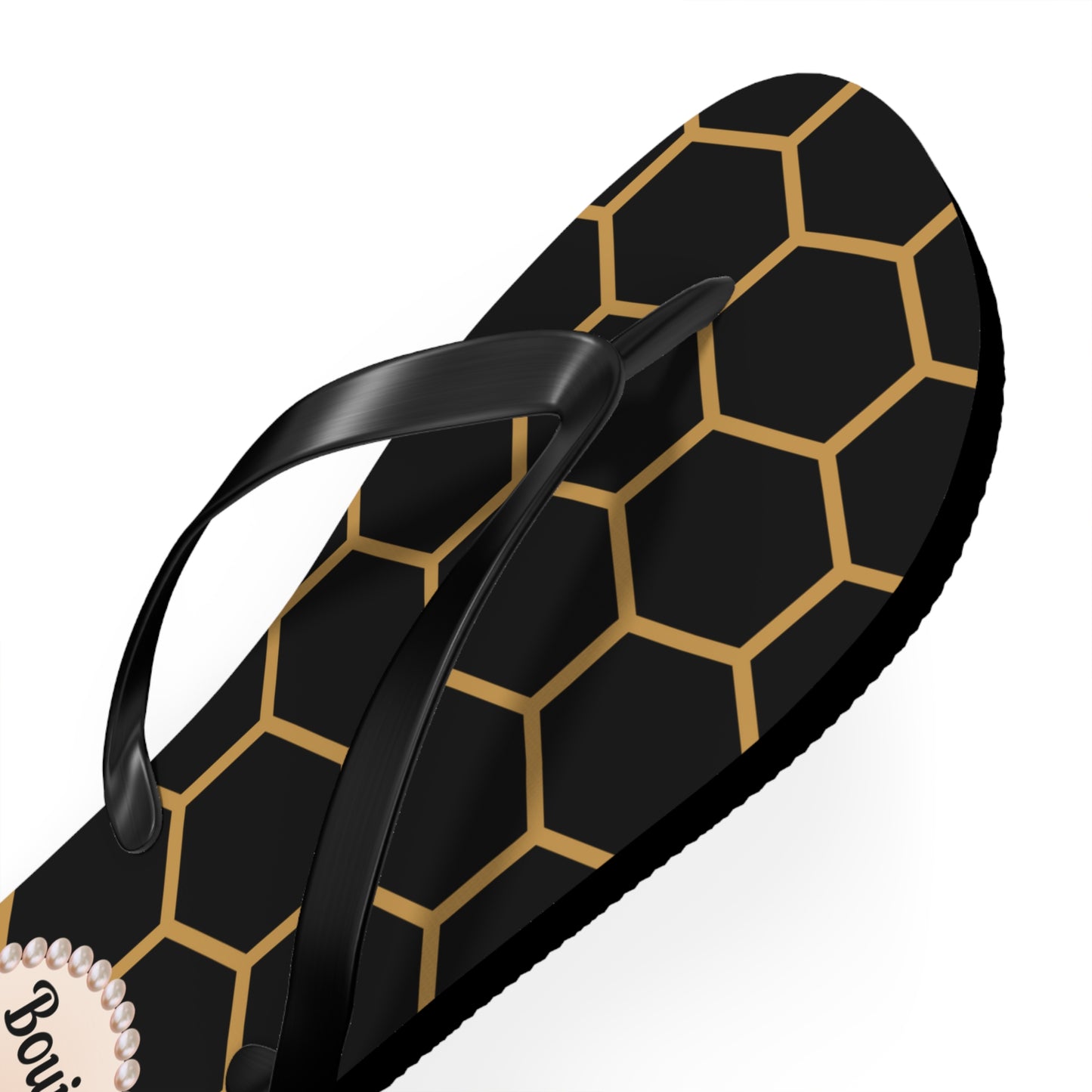 Boujee & Blessed Flip Flops - BLACK Golden Honeycomb - LARGE