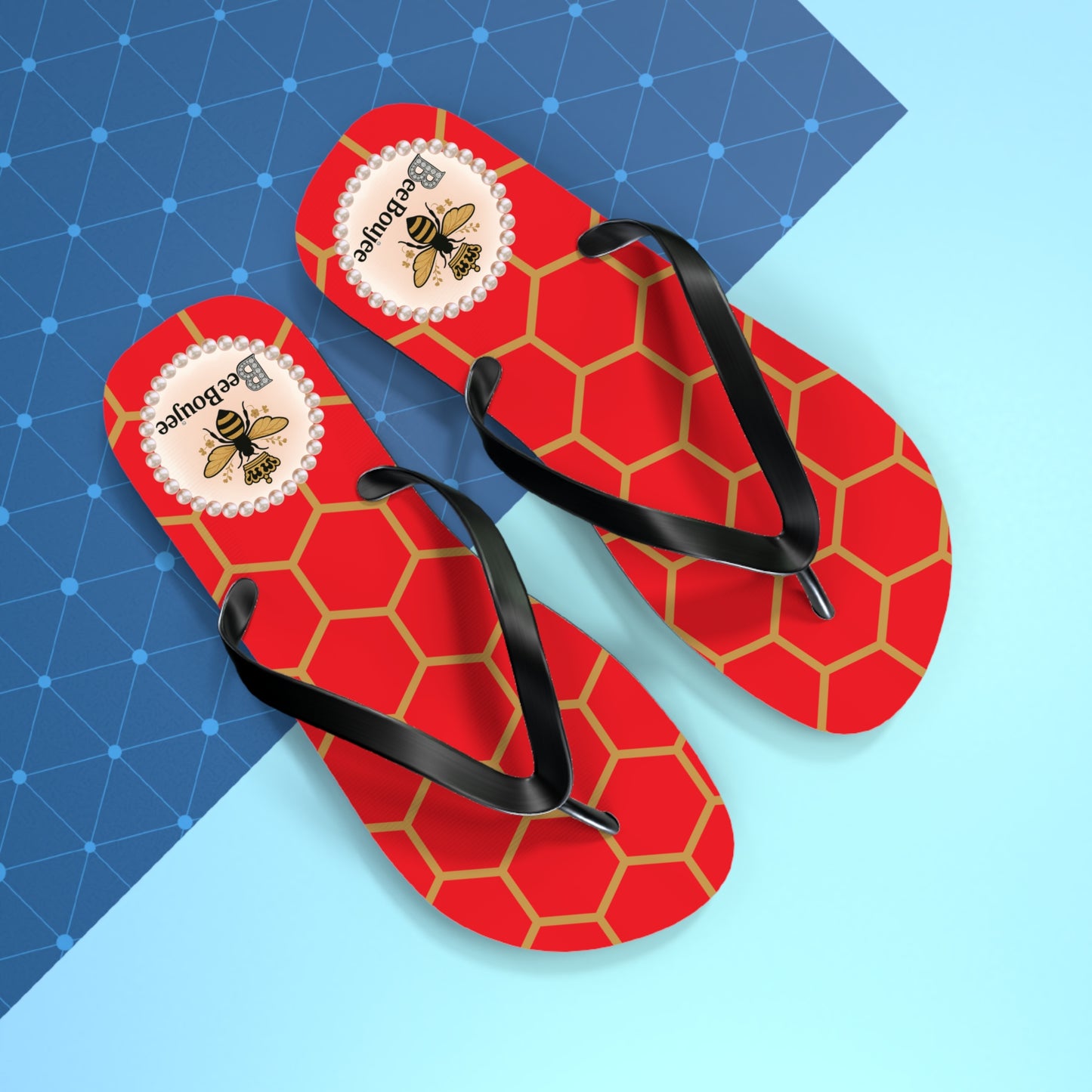 Bee Boujee Flip Flops - RED Golden Honeycomb - LARGE