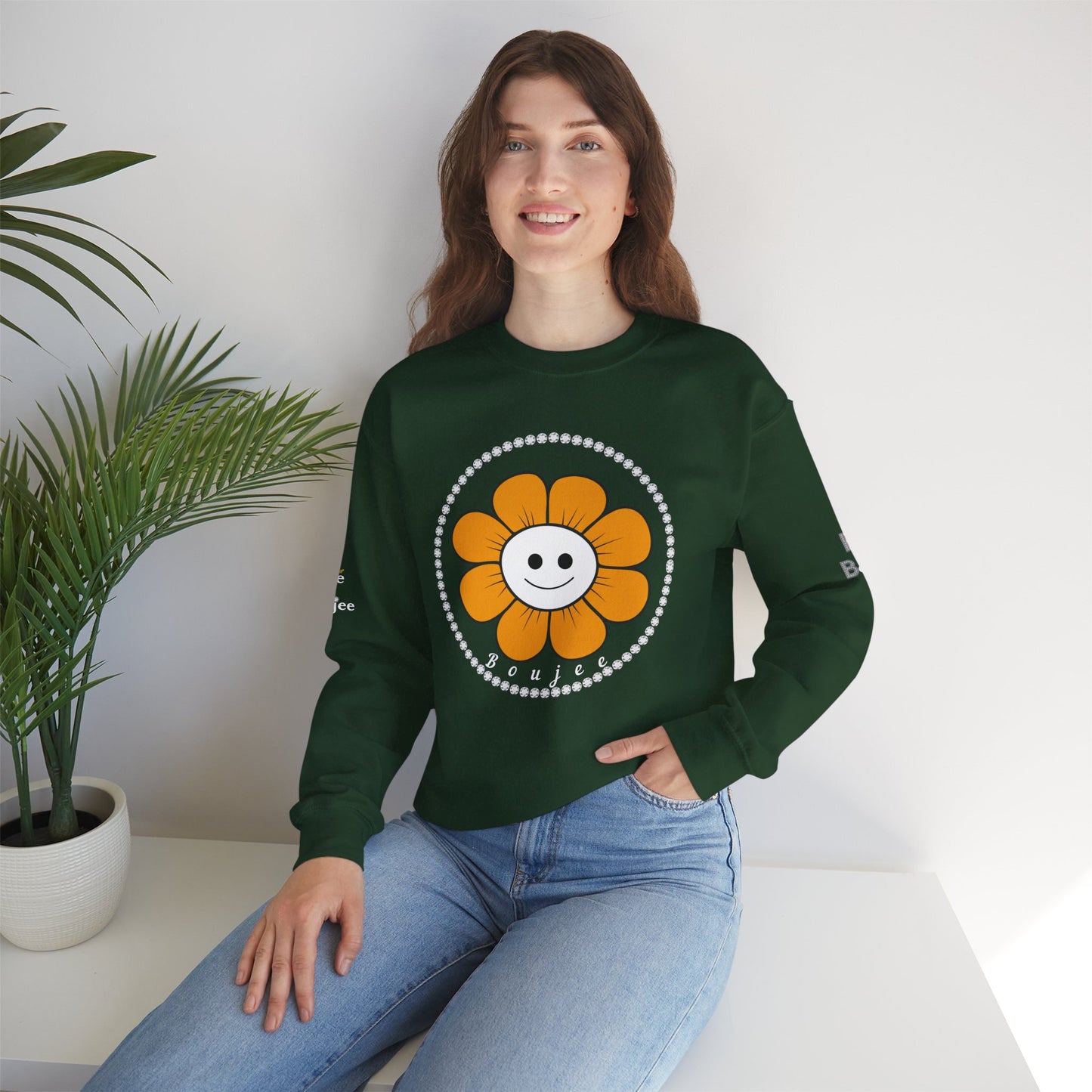 Boujee Flower Smiley Face Gold White - Heavy Blend™ Dark Colors Crewneck Sweatshirt