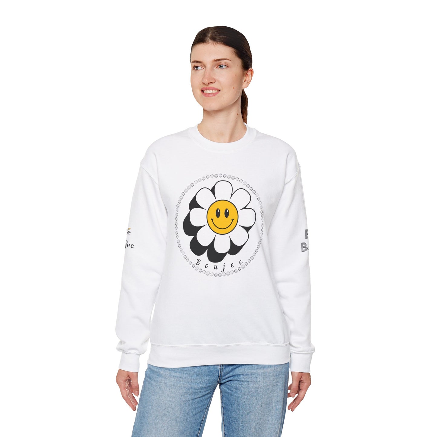 Boujee Flower Smiley Face White Gold - Heavy Blend™ Light Colors Crewneck Sweatshirt