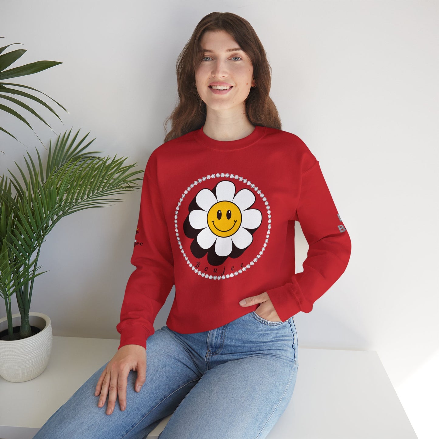Boujee Flower Smiley Face White Gold - Heavy Blend™ Light Colors Crewneck Sweatshirt