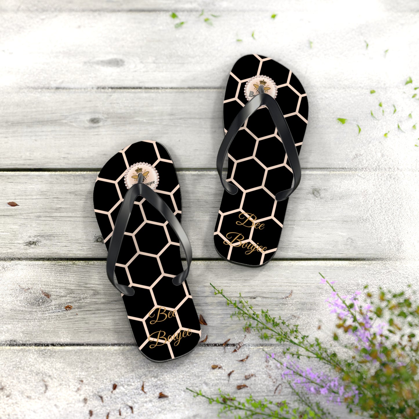 Bee Boujee Peach Honeycomb Flip-Flops (Black & Gold) - MEDIUM