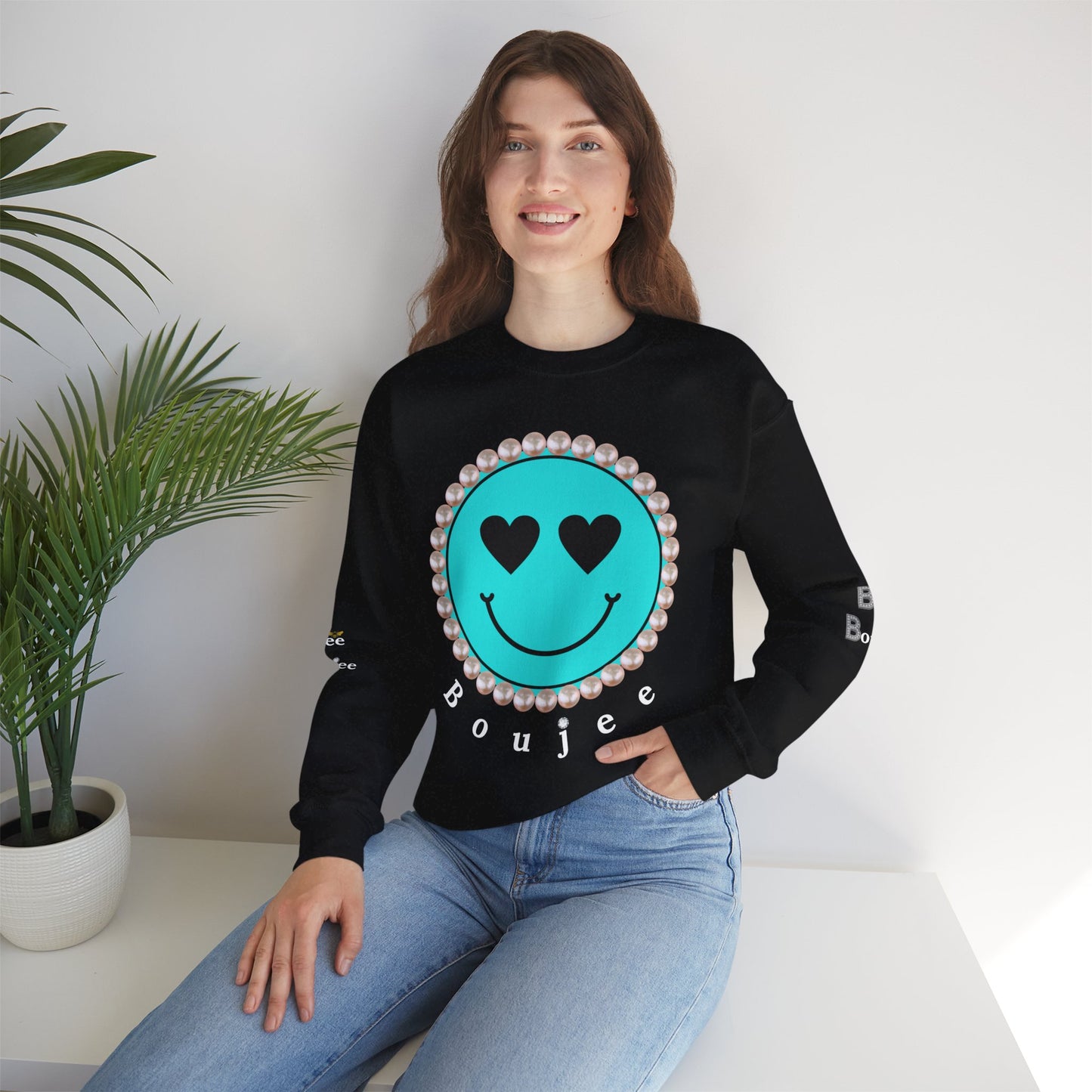 Bee Boujee - Boujee Smiley Face Turquoise in Diamonds Heavy Blend™ Dark Colors Crewneck Sweatshirt