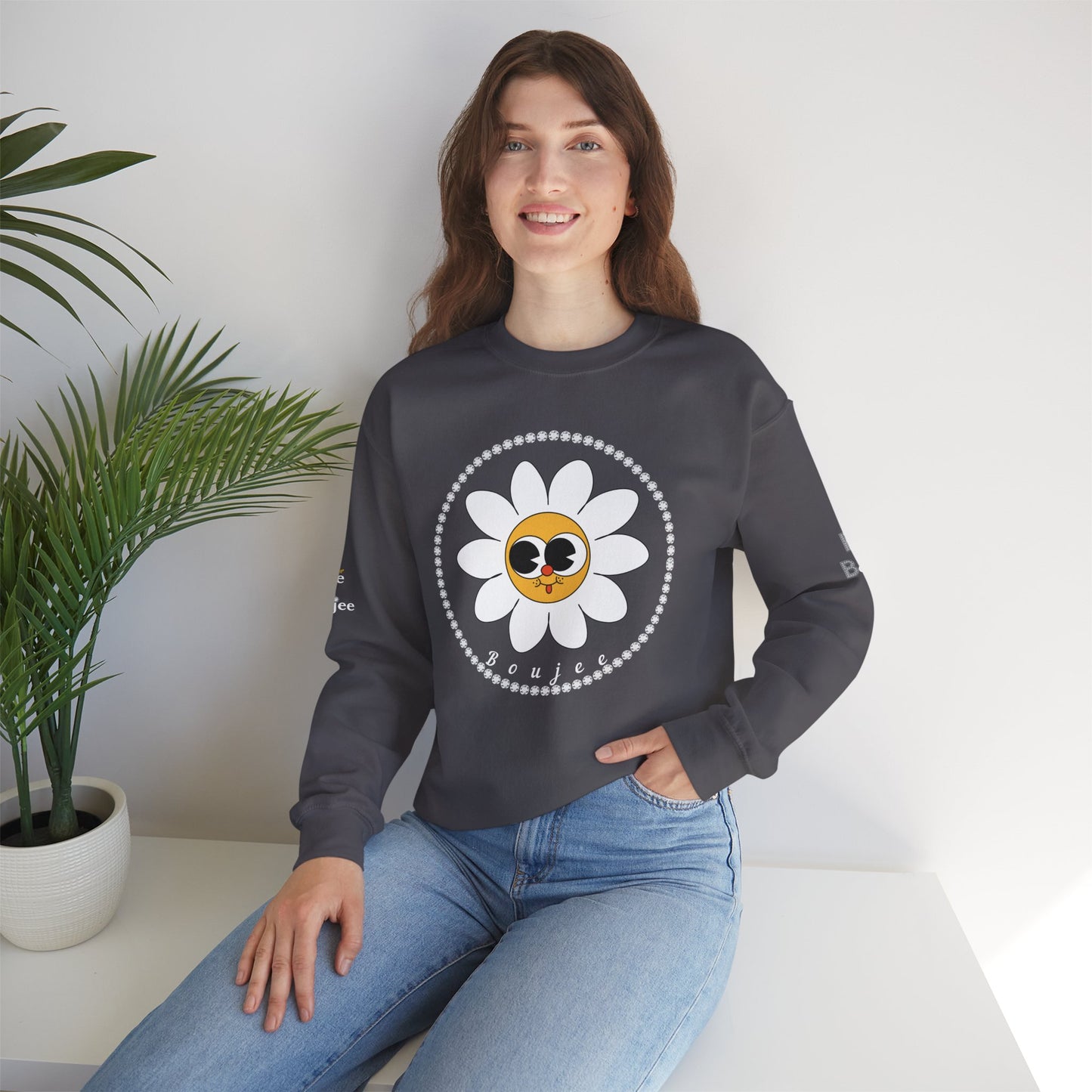 Boujee Flower Smiley Face White Gold Wide-Eyed - Heavy Blend™ Dark Colors Crewneck Sweatshirt